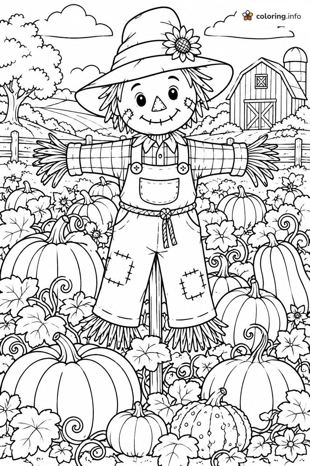 Friendly Scarecrow Among the Pumpkins by the Barn coloring page Friendly Scarecrow Among the Pumpkins by the Barn coloring page
