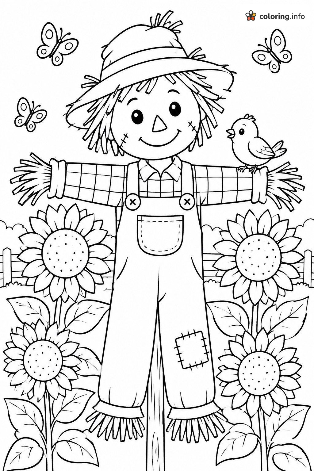 Friendly Scarecrow and Sunflowers for Adult Coloring Friendly Scarecrow and Sunflowers for Adult Coloring