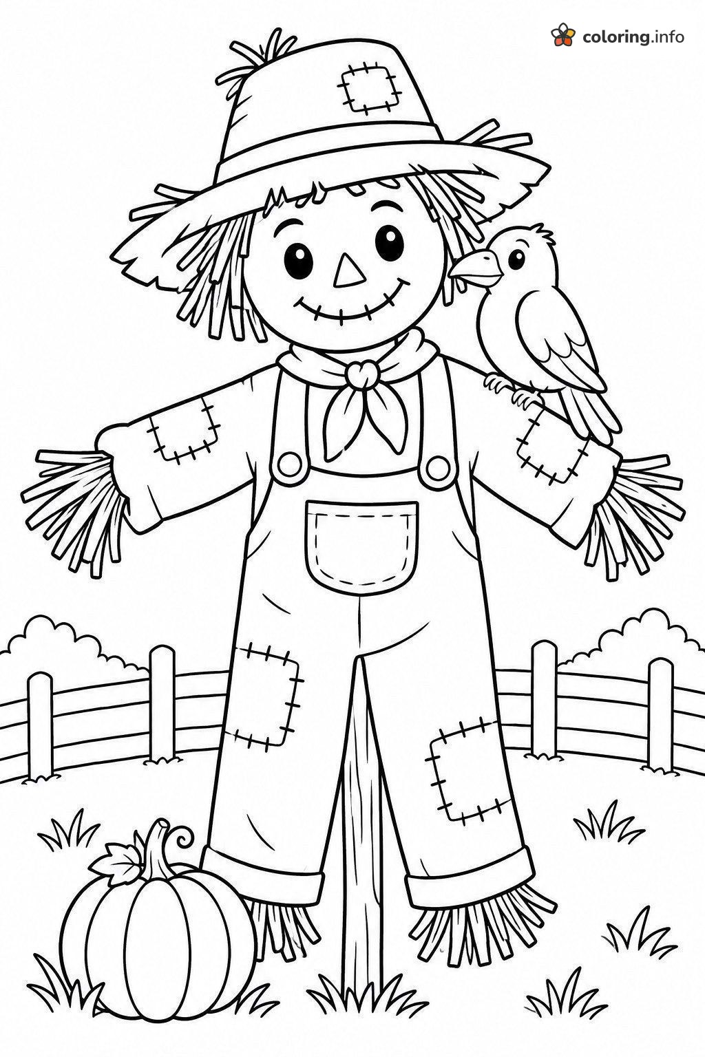 Halloween Scarecrow with a Little Bird and Pumpkin coloring page Halloween Scarecrow with a Little Bird and Pumpkin coloring page