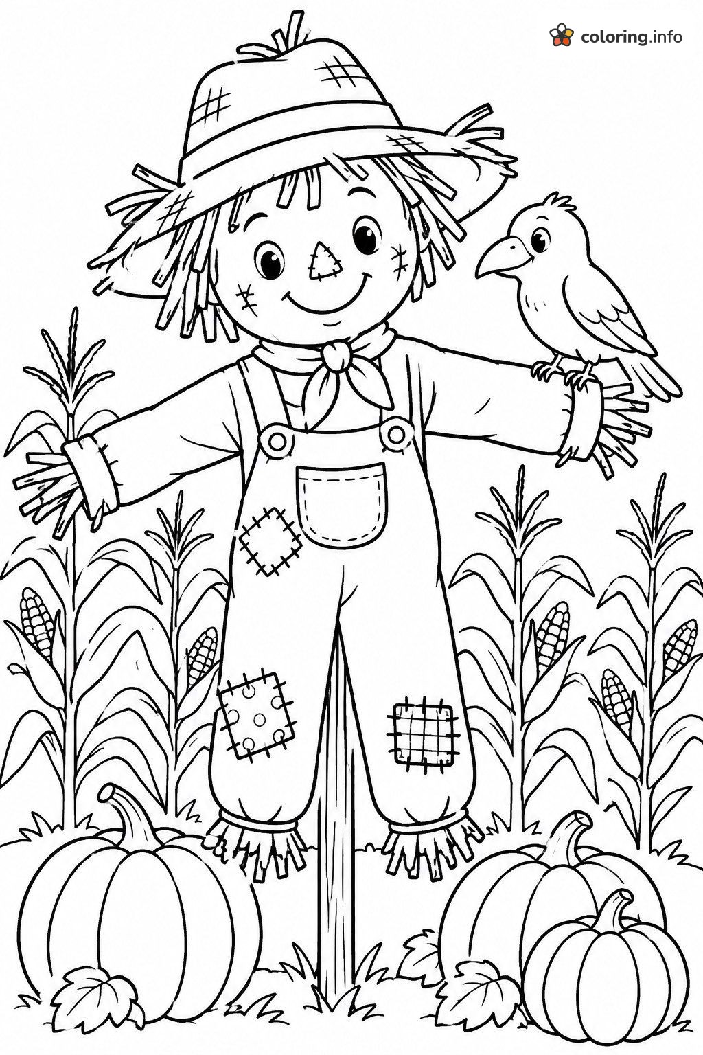 Scarecrow and Crow in a Fall Cornfield With Pumpkins coloring page Scarecrow and Crow in a Fall Cornfield With Pumpkins coloring page