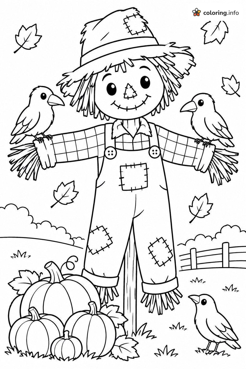 Friendly Scarecrow Thanksgiving Coloring Page With Crows coloring page Friendly Scarecrow Thanksgiving Coloring Page With Crows coloring page