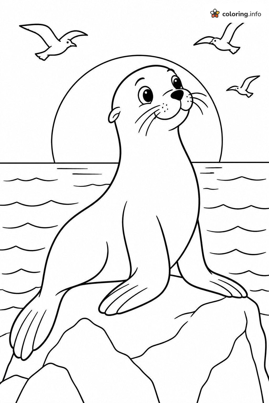 Sea Lion at Sunset on a Big Rock with Gulls printable coloring page Sea Lion at Sunset on a Big Rock with Gulls printable coloring page