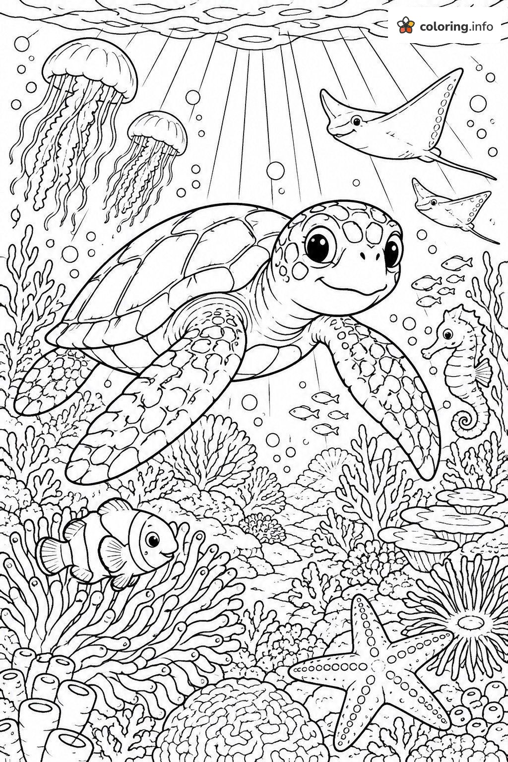 Coral Reef Sea Turtle with Jellyfish and Stingrays coloring page Coral Reef Sea Turtle with Jellyfish and Stingrays coloring page