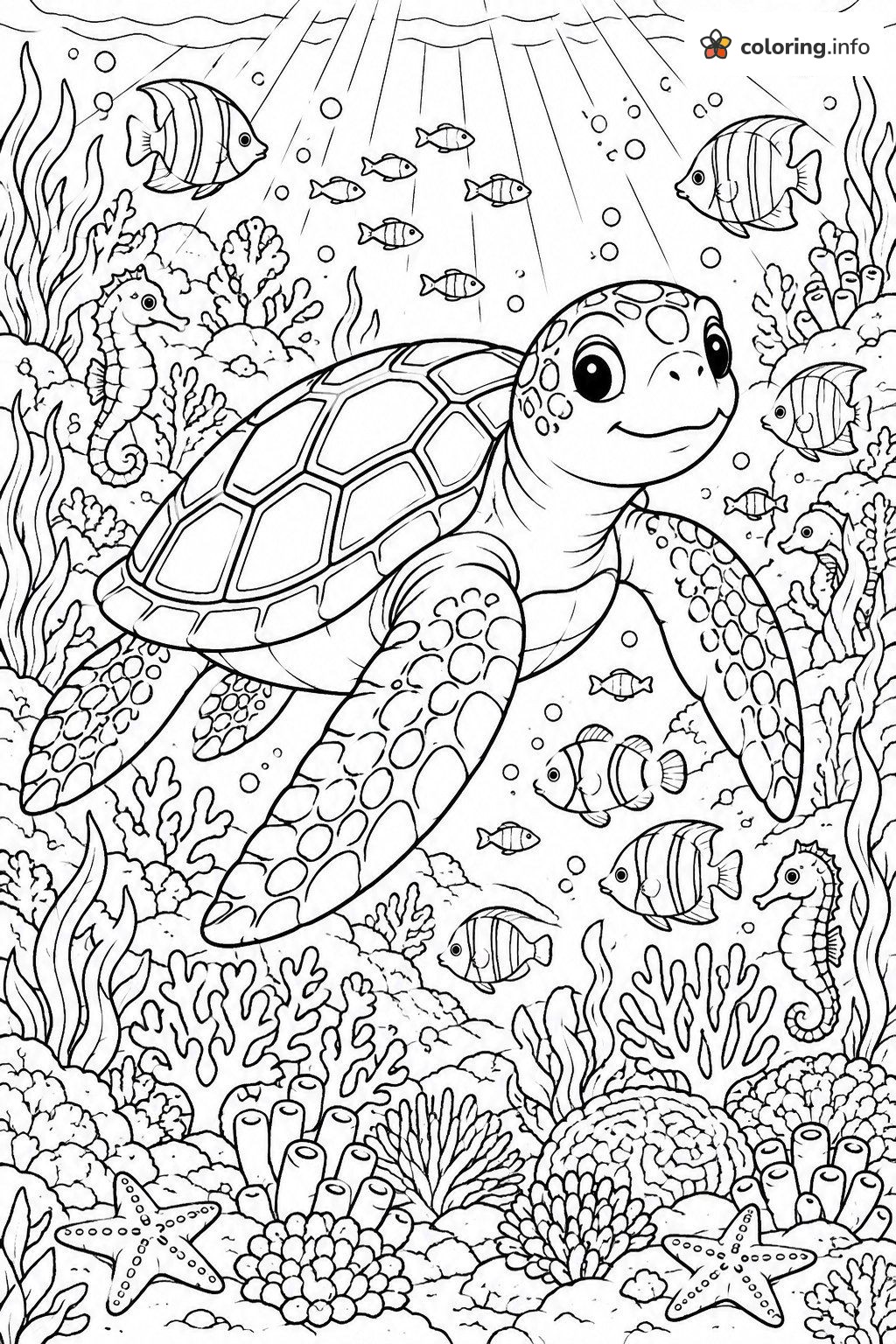 Sea Turtle in a Coral Reef Scene, Reptiles Coloring Page Sea Turtle in a Coral Reef Scene, Reptiles Coloring Page