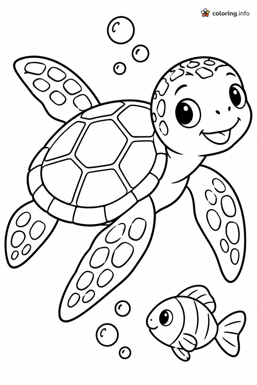 Happy Hawaiian Sea Turtle Swimming With a Little Fish coloring page Happy Hawaiian Sea Turtle Swimming With a Little Fish coloring page