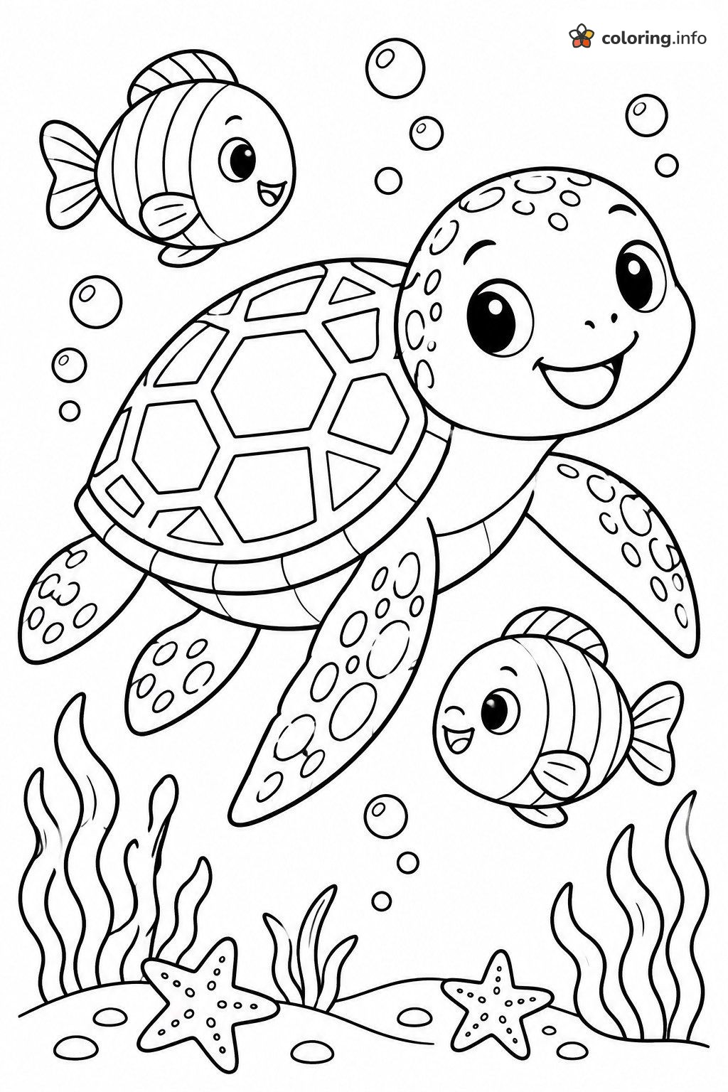 Baby Sea Turtle and Striped Fish, Romero Britto Style coloring page Baby Sea Turtle and Striped Fish, Romero Britto Style coloring page