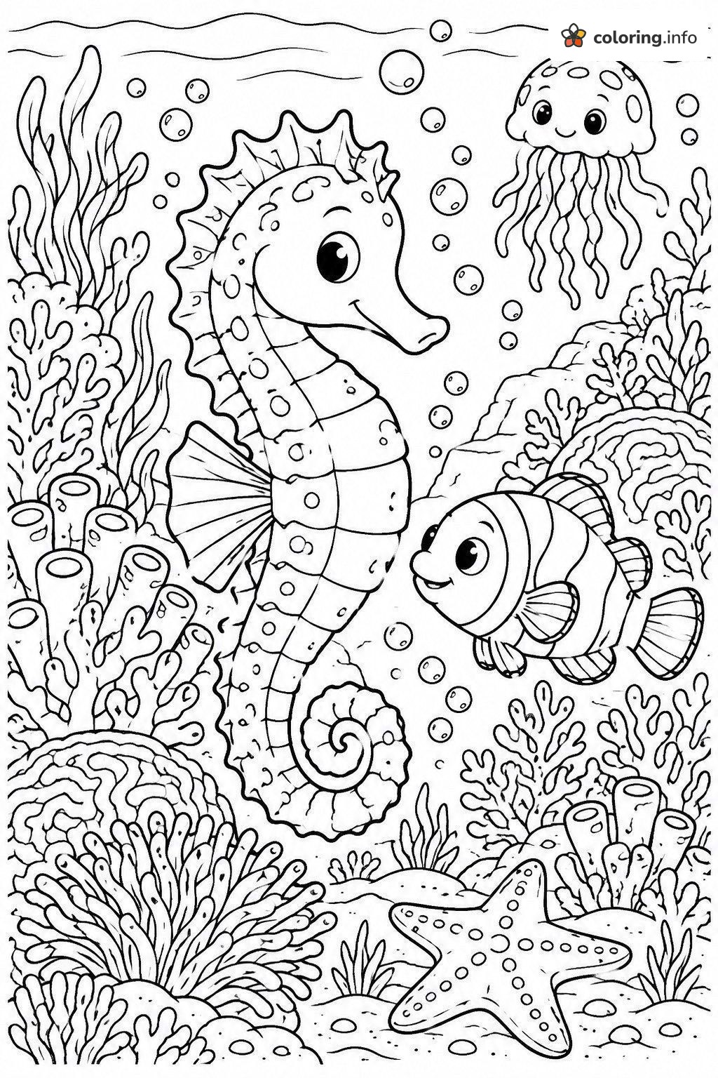 Underwater Beach Reef With Seahorse and Clownfish coloring sheet Underwater Beach Reef With Seahorse and Clownfish coloring sheet