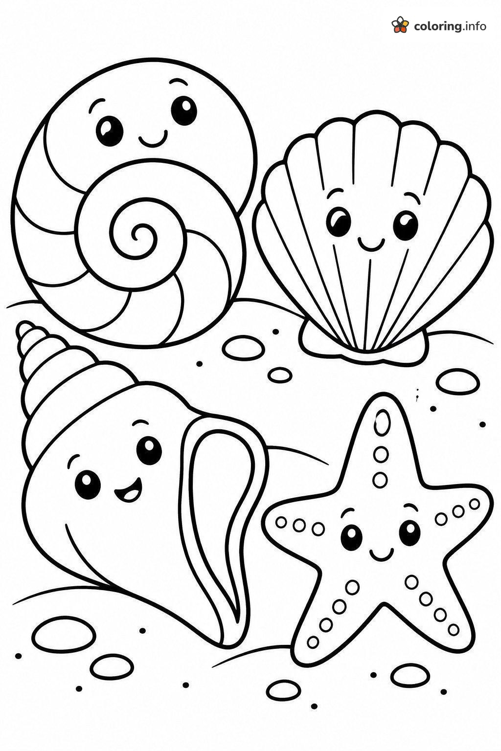 Seashells and Starfish on a Sandy Beach coloring page Seashells and Starfish on a Sandy Beach coloring page