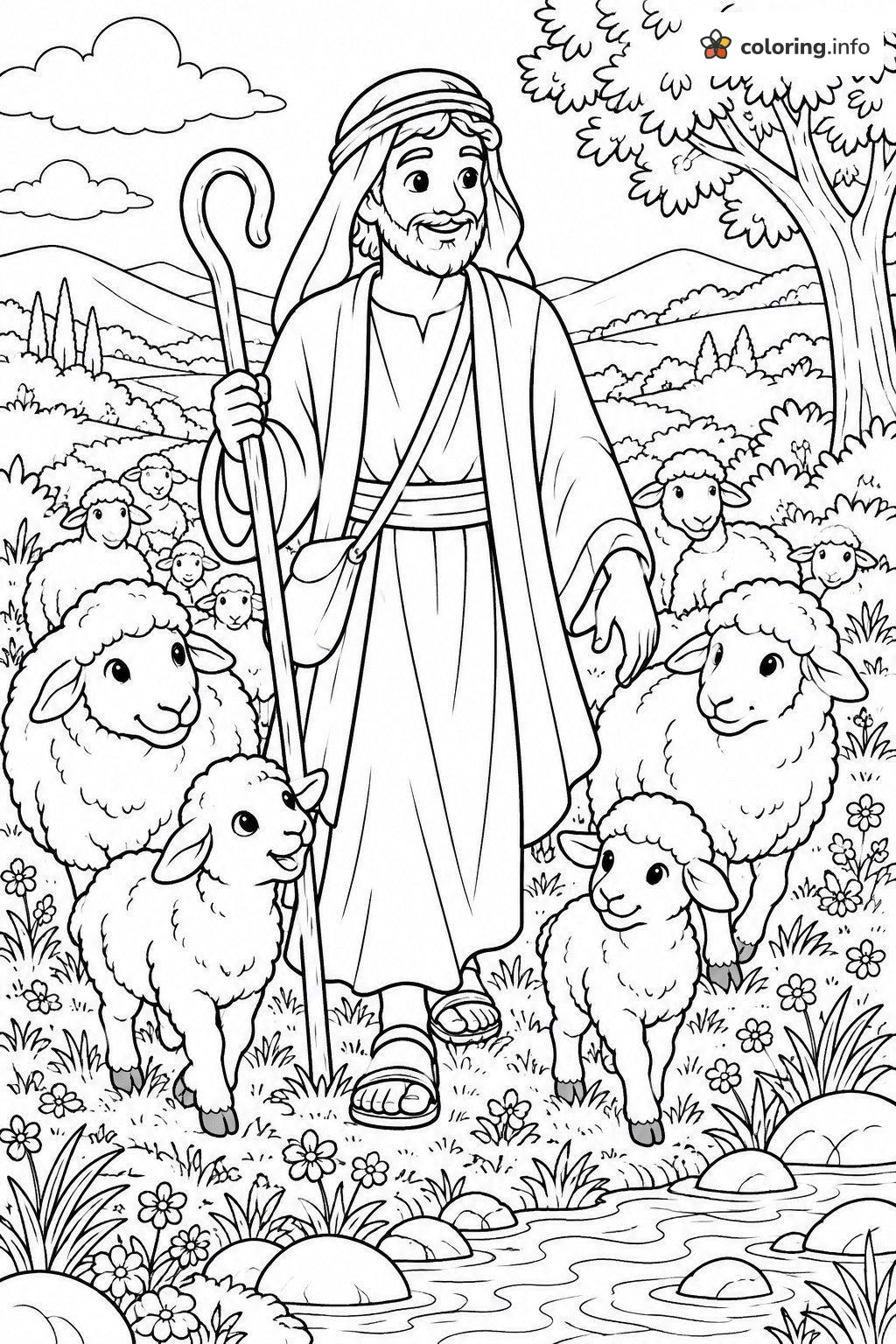 Shepherd and Flock by the Stream, Jesus / Bible Coloring Shepherd and Flock by the Stream, Jesus / Bible Coloring