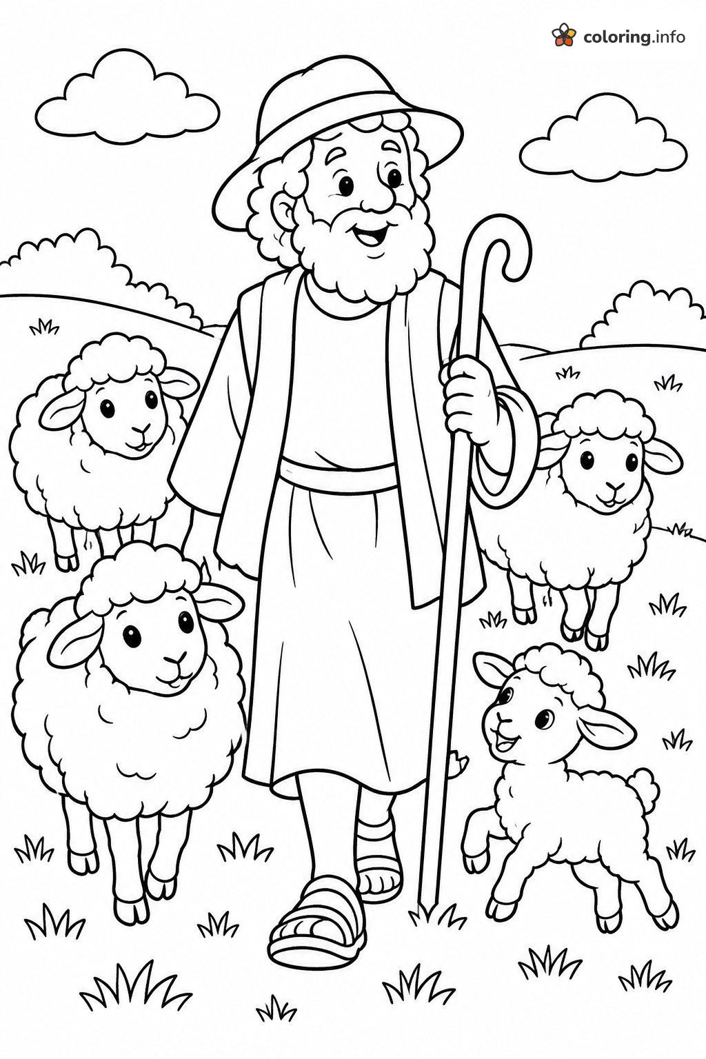 Farmer Shepherd Walking Through the Meadow With Sheep and Lamb printable coloring page Farmer Shepherd Walking Through the Meadow With Sheep and Lamb printable coloring page