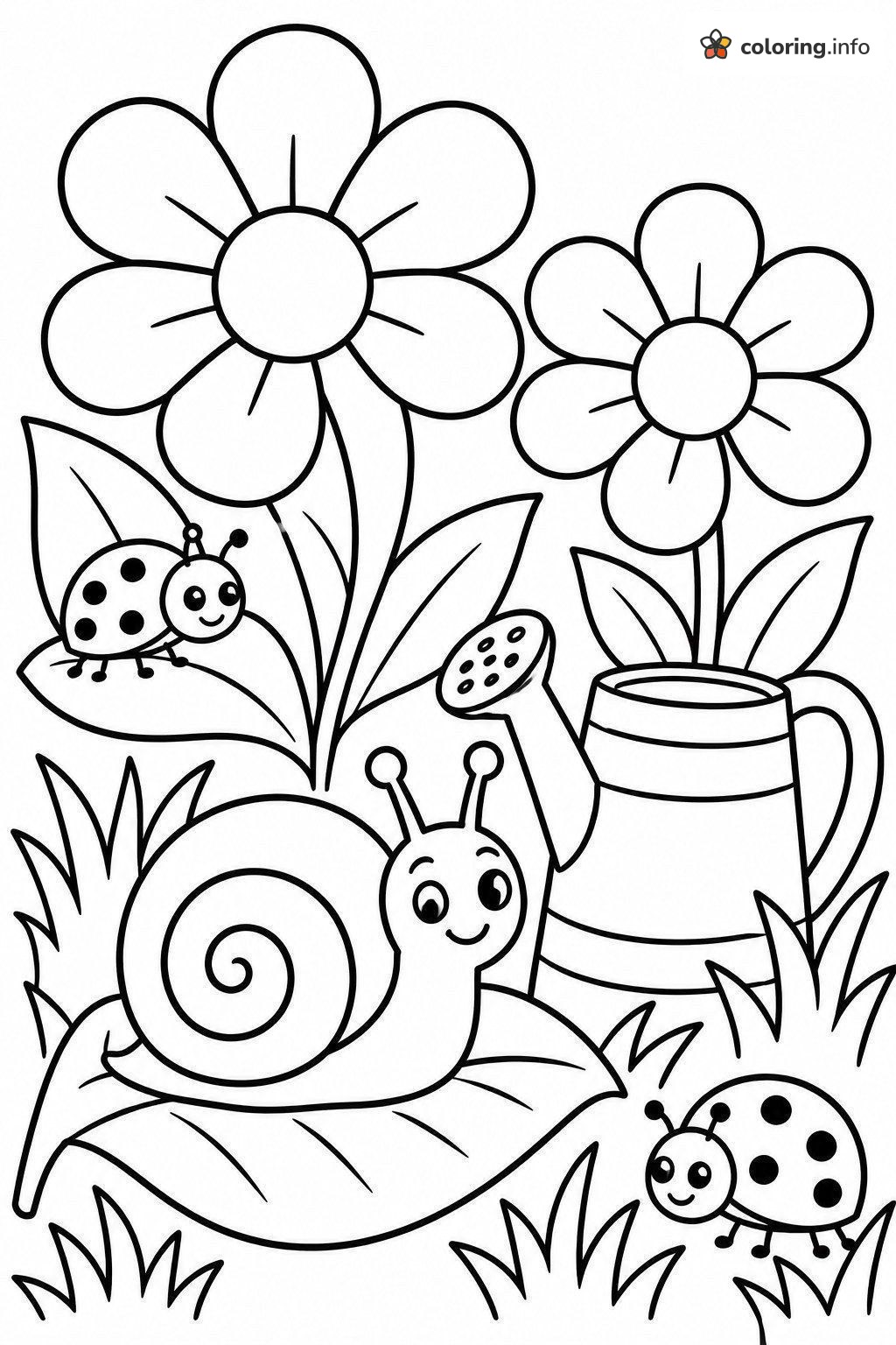 Garden Snail and Ladybug Activity Sheets with Watering Can coloring sheet Garden Snail and Ladybug Activity Sheets with Watering Can coloring sheet