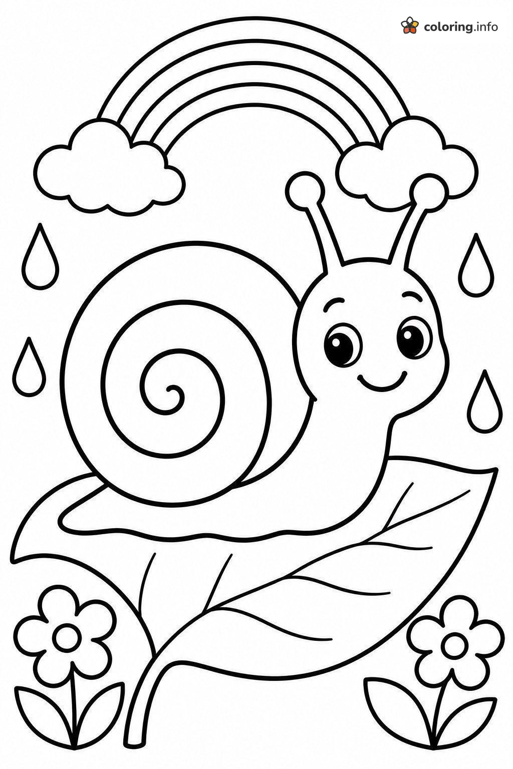 Snail Resting on a Leaf Beneath a Rainbow coloring page Snail Resting on a Leaf Beneath a Rainbow coloring page