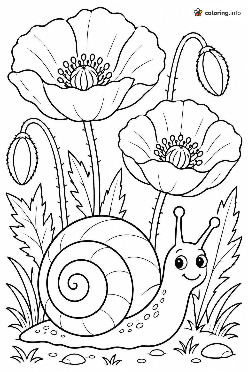 Poppy Flowers Above a Smiling Snail coloring sheet Poppy Flowers Above a Smiling Snail coloring sheet