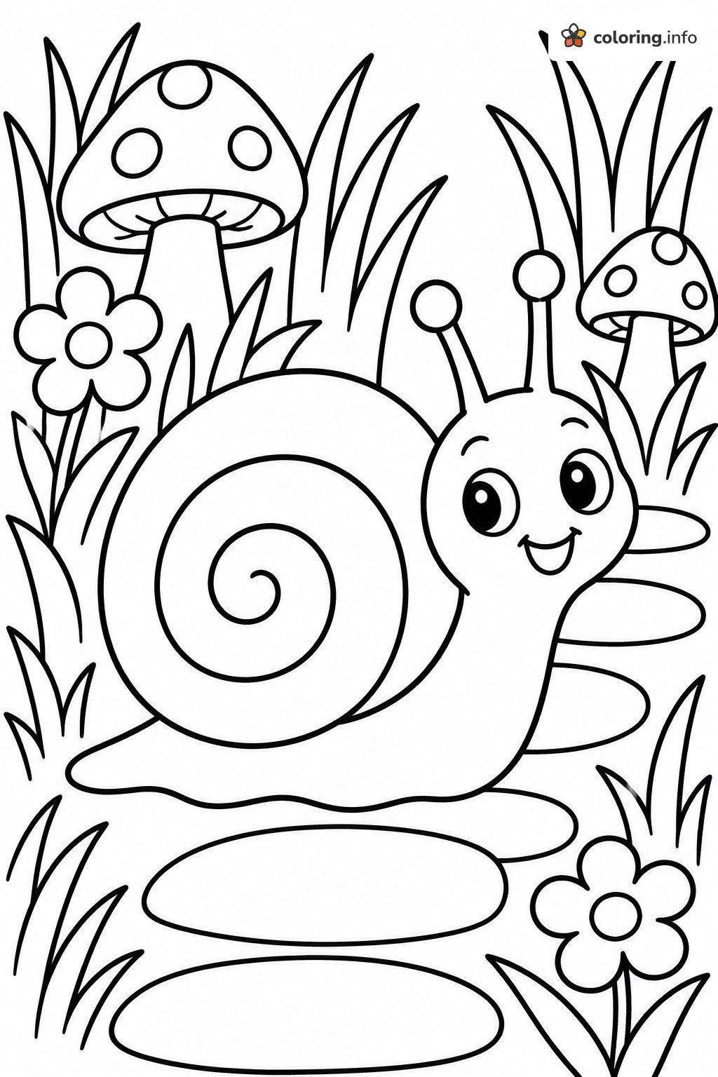 Snail and Mushrooms Garden Coloring Page Snail and Mushrooms Garden Coloring Page