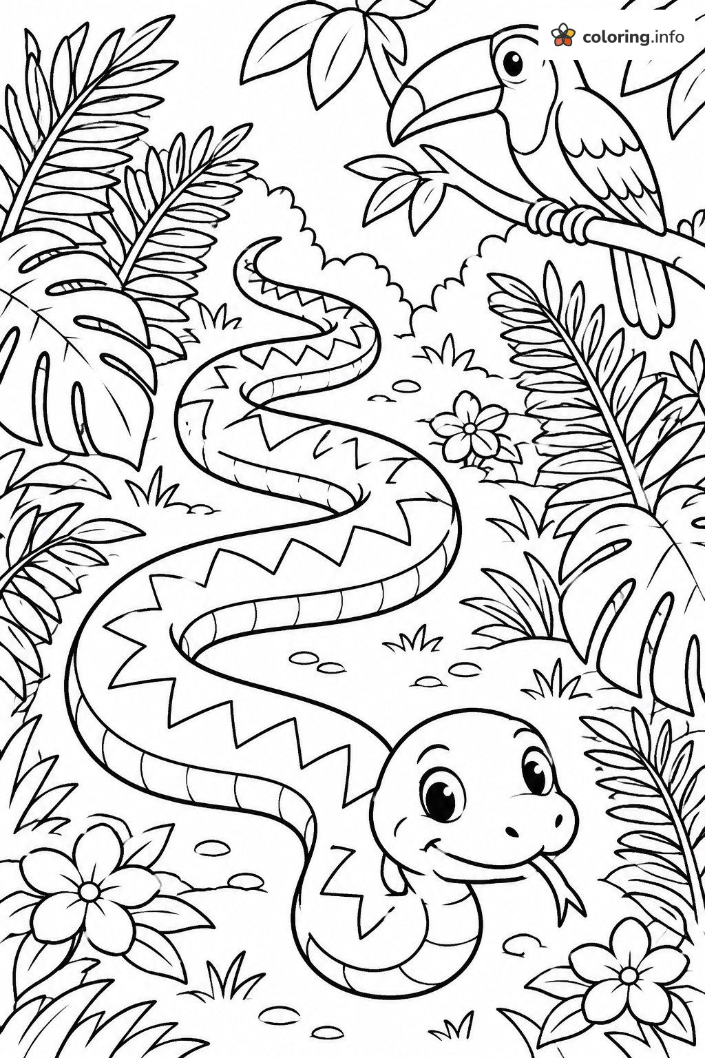 Jungle Floor Snake Watched by a Toucan coloring page Jungle Floor Snake Watched by a Toucan coloring page
