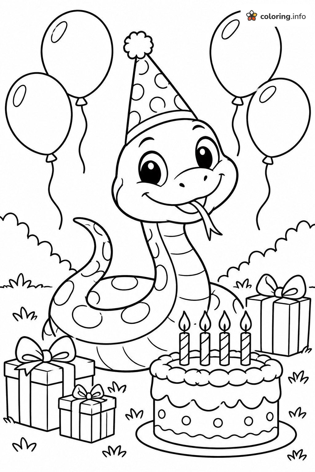 Birthday Party Snake With Cake, Balloons and Gifts coloring page Birthday Party Snake With Cake, Balloons and Gifts coloring page
