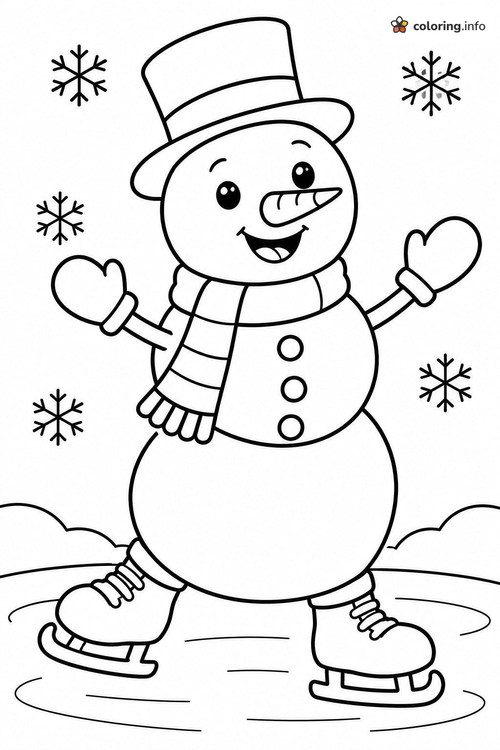 Top-Hat Snowman Ice Skating with a Fringed Scarf coloring page Top-Hat Snowman Ice Skating with a Fringed Scarf coloring page