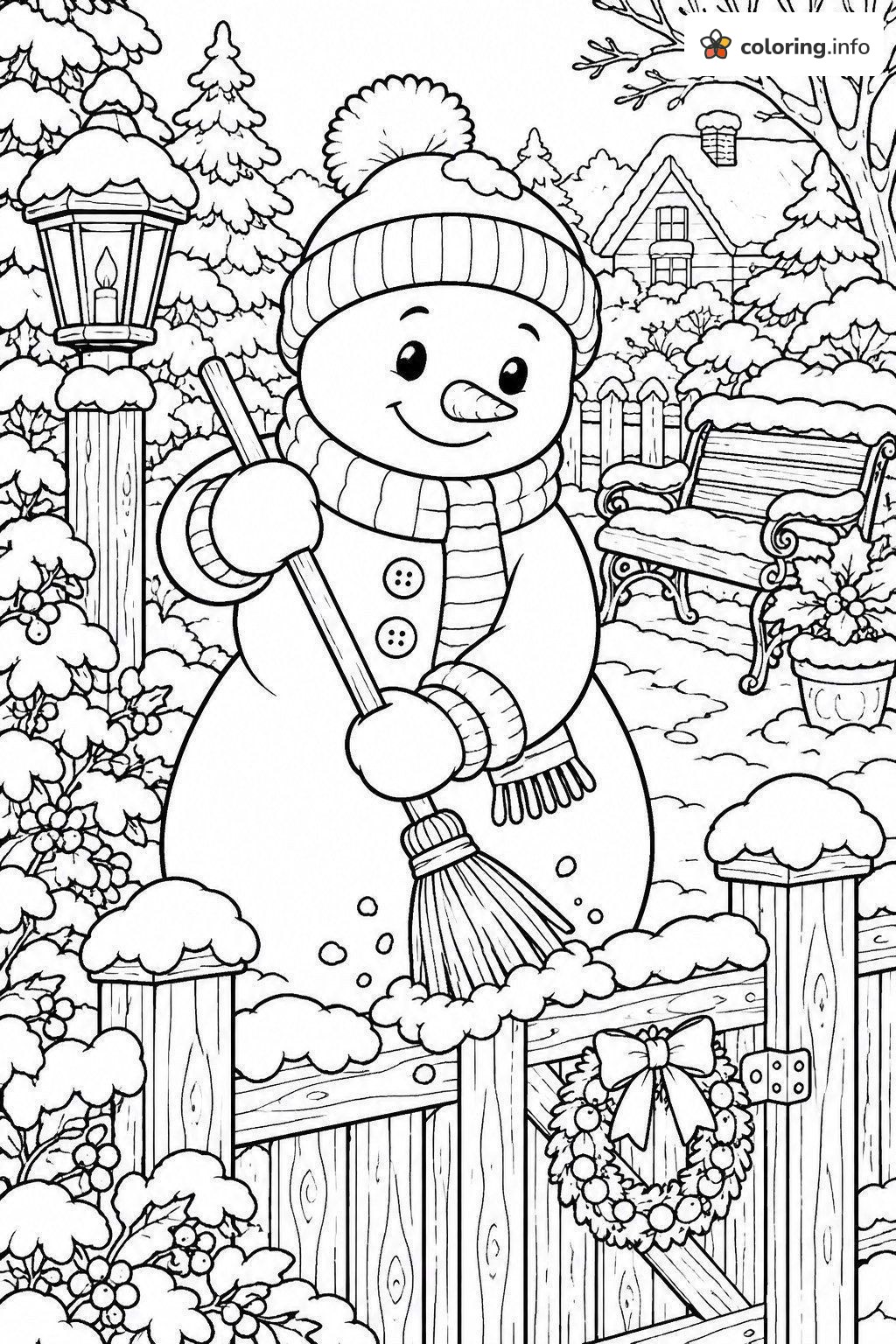 Garden Snowman Sweeping by the Gate coloring sheet Garden Snowman Sweeping by the Gate coloring sheet