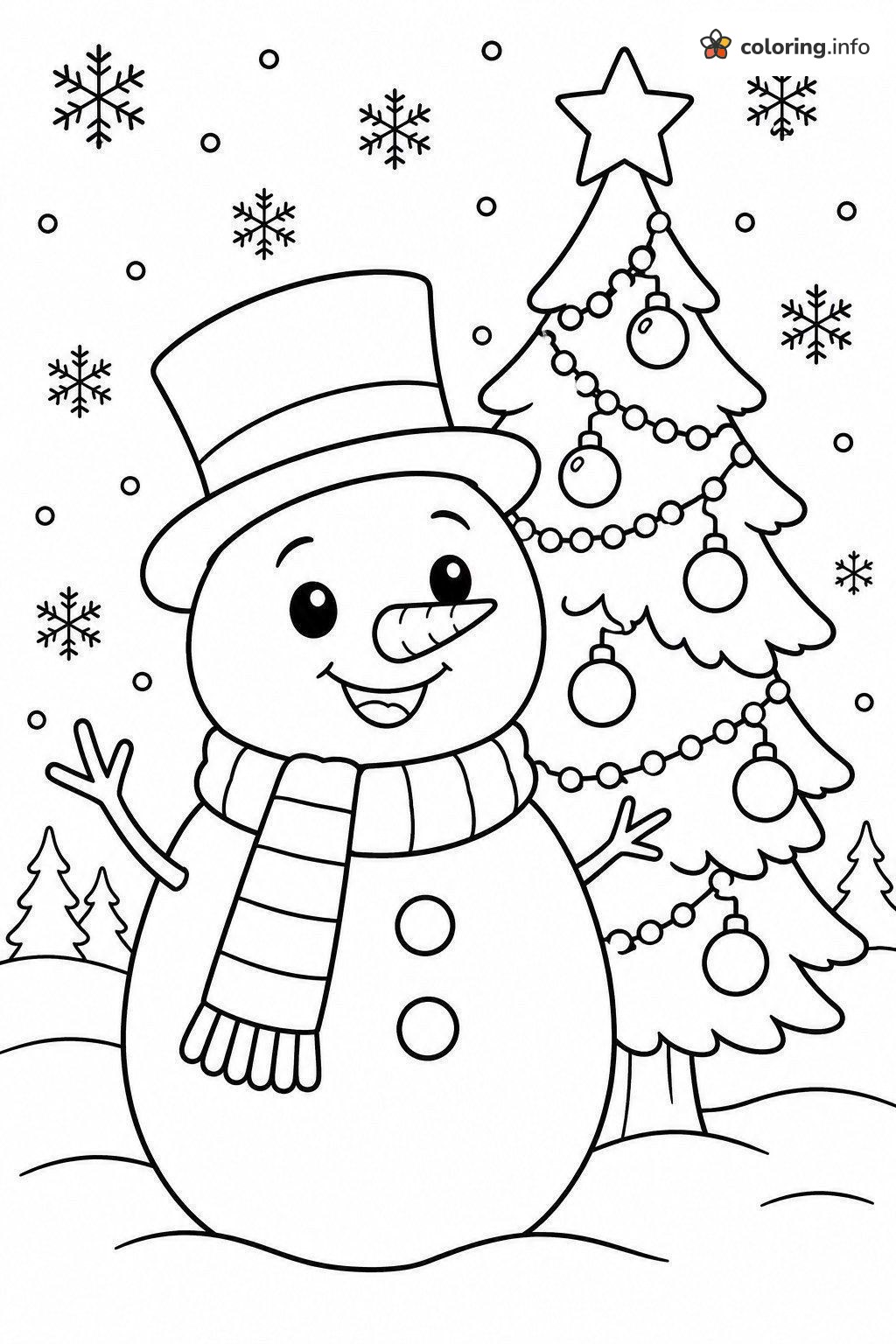 Top Hat Snowman Waving Next to a Christmas Tree coloring page Top Hat Snowman Waving Next to a Christmas Tree coloring page