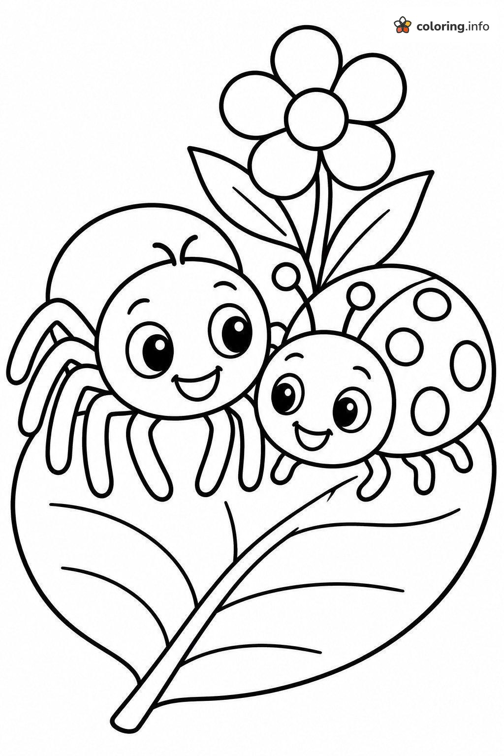 Spider and Ladybug Buddies on a Big Leaf coloring page Spider and Ladybug Buddies on a Big Leaf coloring page