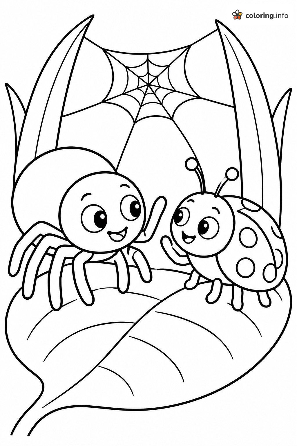 Spider and Ladybug Saying Hello on a Leaf coloring page Spider and Ladybug Saying Hello on a Leaf coloring page