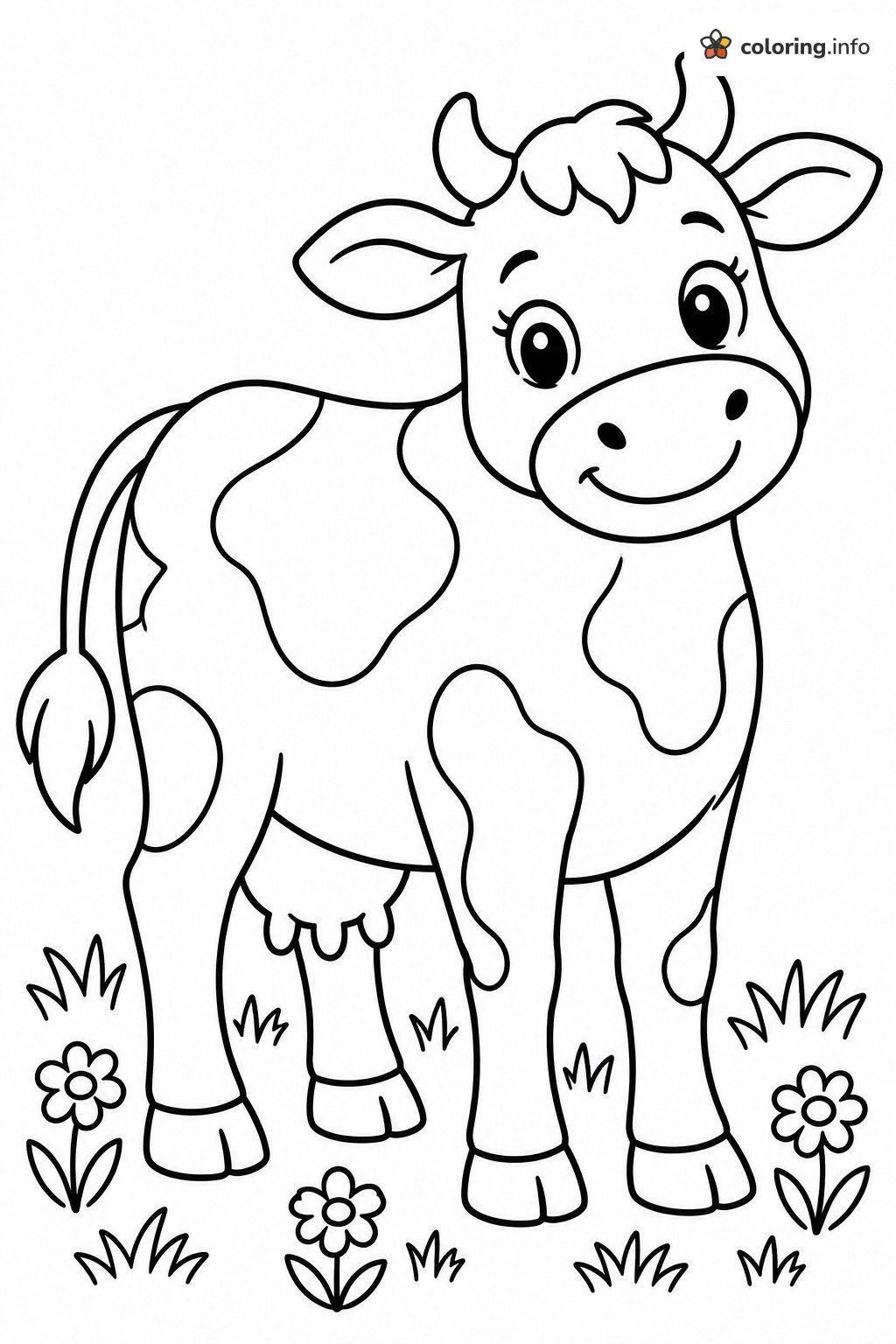 Smiling Spotted Cow in a Flower Meadow, Farm Animals (General) Coloring Page Smiling Spotted Cow in a Flower Meadow, Farm Animals (General) Coloring Page