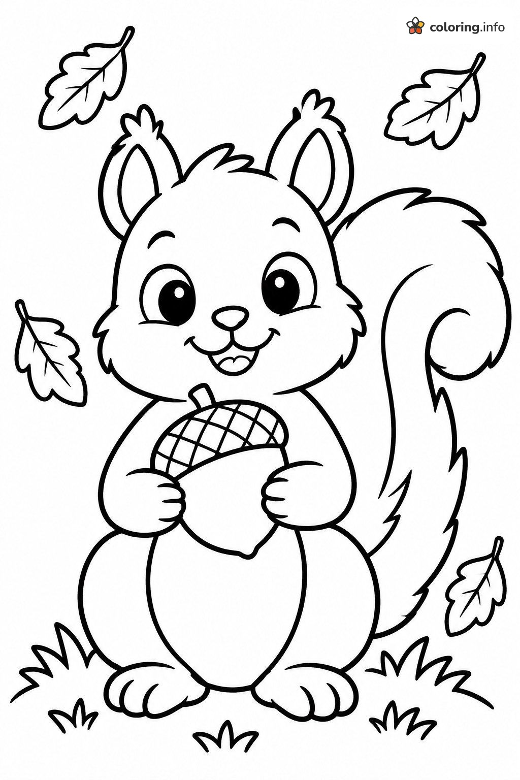 Squirrel Hugging an Acorn as Fall Leaves Drift Down coloring page Squirrel Hugging an Acorn as Fall Leaves Drift Down coloring page