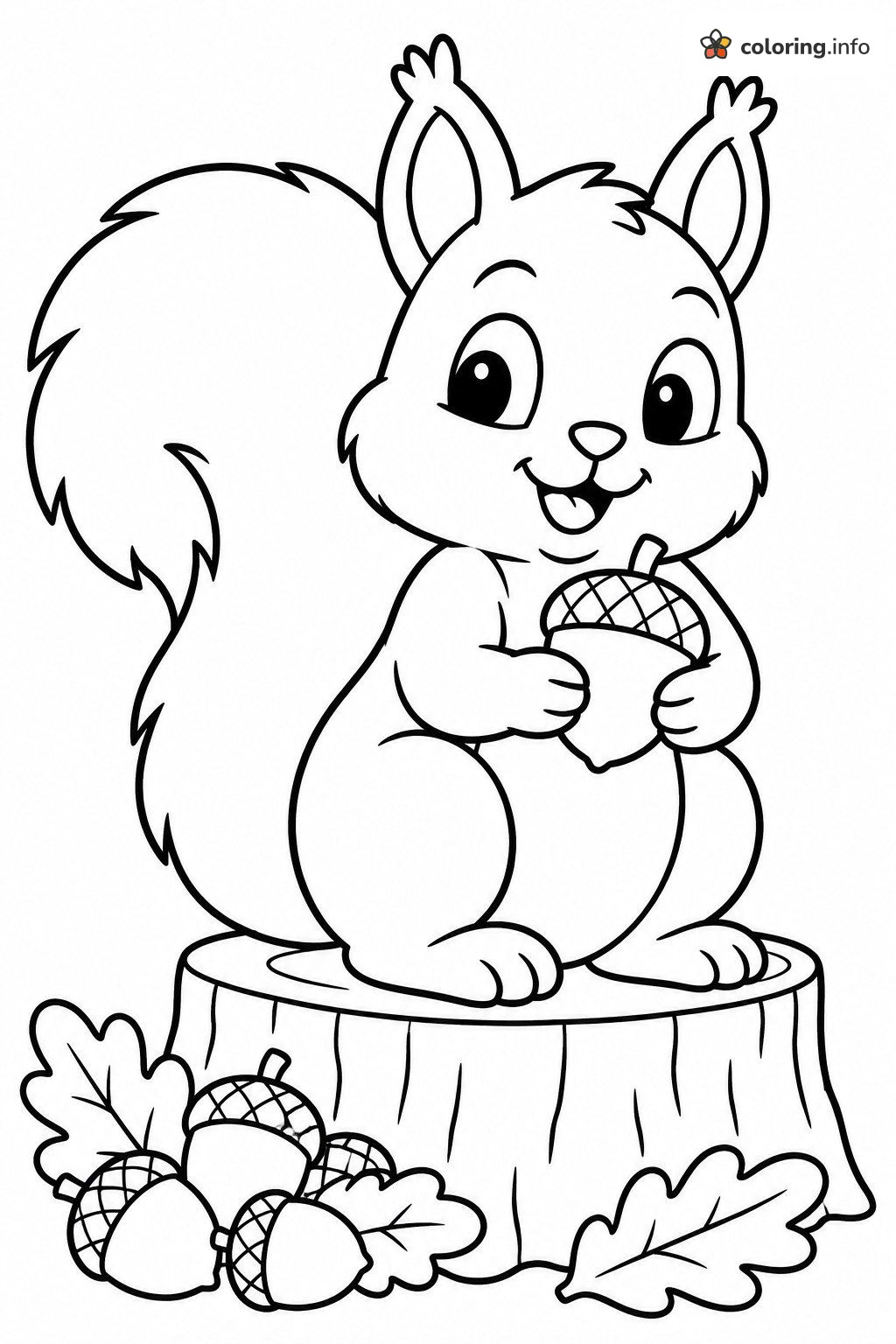 Squirrel With an Acorn on a Forest Stump coloring page Squirrel With an Acorn on a Forest Stump coloring page