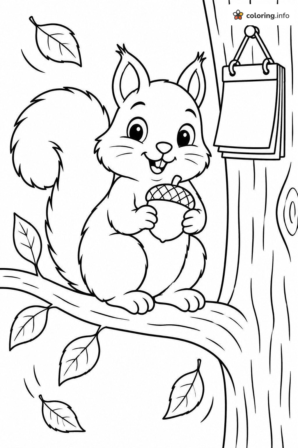 Squirrel with an Acorn and a Calendar Pad on a Tree coloring sheet Squirrel with an Acorn and a Calendar Pad on a Tree coloring sheet