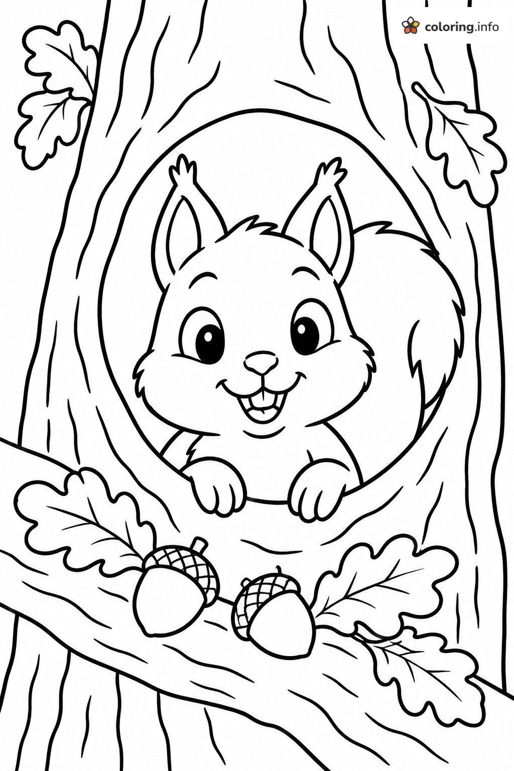 Peekaboo Squirrel in a Tree Hollow with Acorns printable coloring page Peekaboo Squirrel in a Tree Hollow with Acorns printable coloring page
