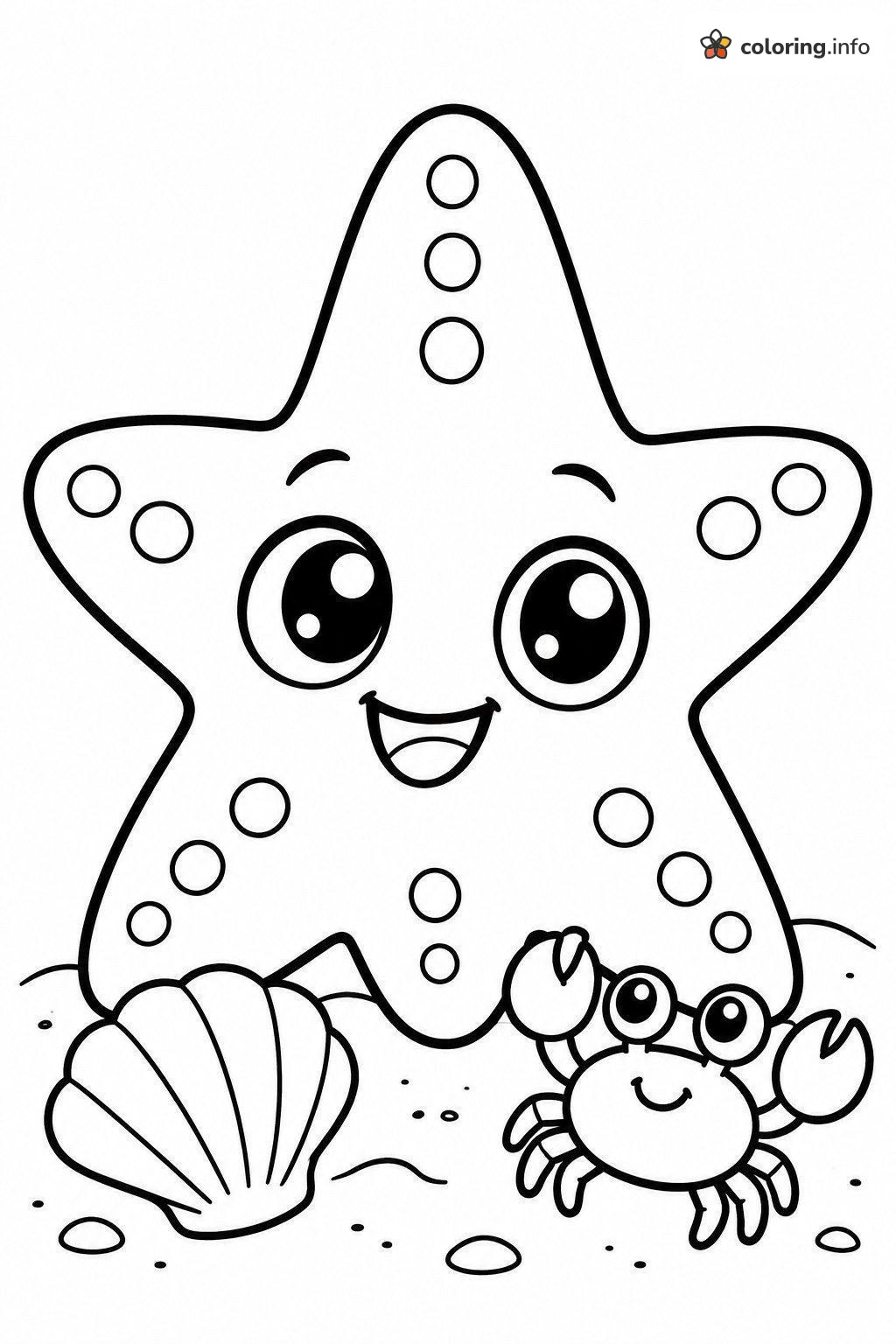 Starfish Smiling Next to a Cute Crab and Shell coloring page Starfish Smiling Next to a Cute Crab and Shell coloring page