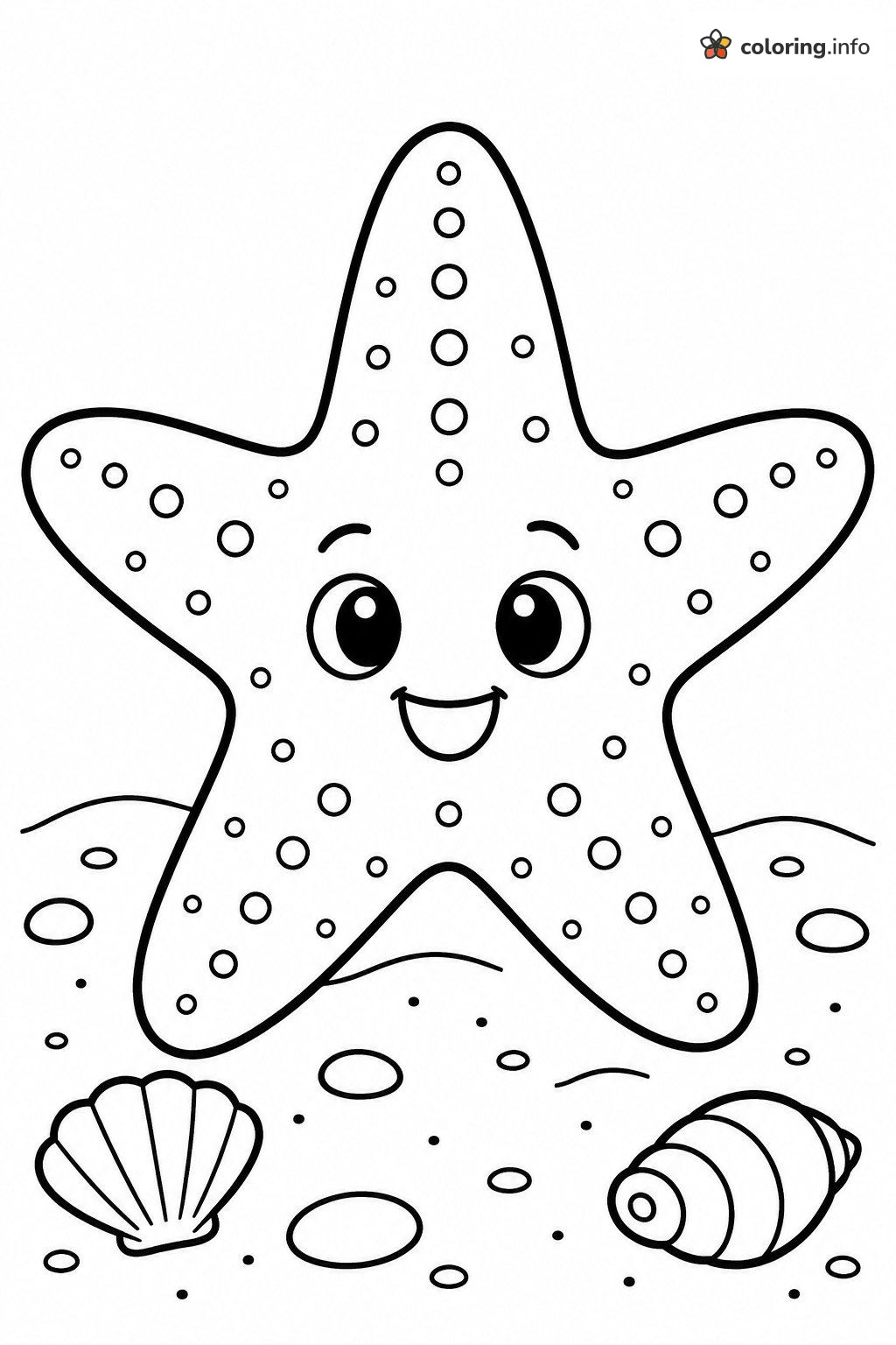 Sea Animals (General) Page: Smiling Starfish and Shells on the Sand printable coloring page Sea Animals (General) Page: Smiling Starfish and Shells on the Sand printable coloring page