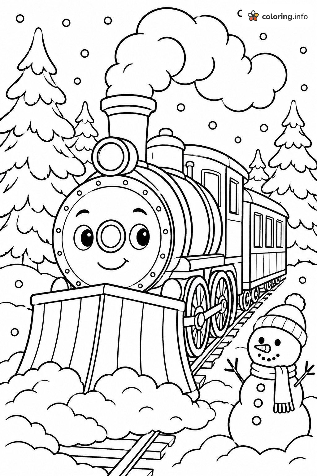 Snowy Forest Winter Trains Page With a Snowman Looking On coloring page Snowy Forest Winter Trains Page With a Snowman Looking On coloring page