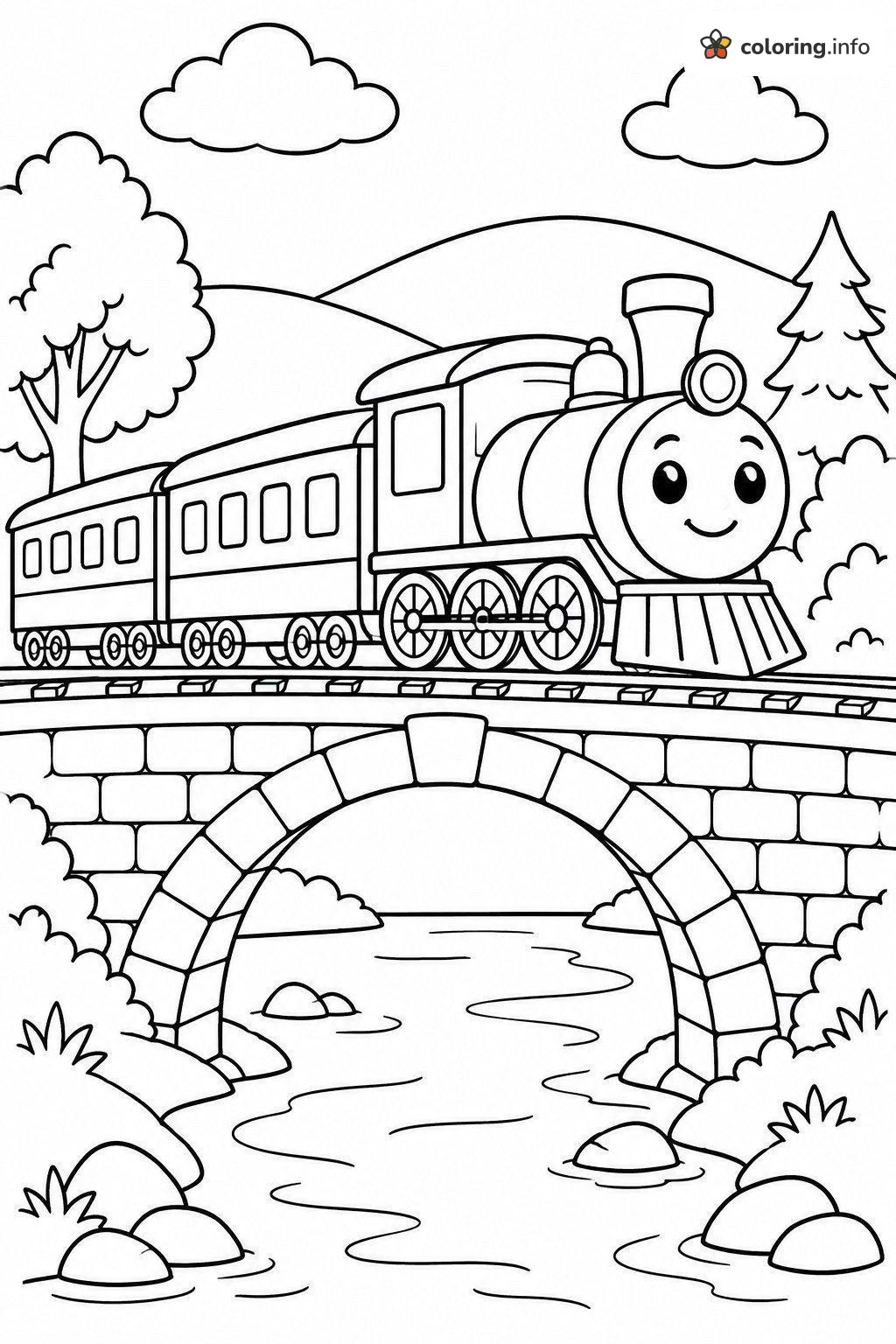 Happy Train Crossing a Stone Arch Bridge coloring page Happy Train Crossing a Stone Arch Bridge coloring page