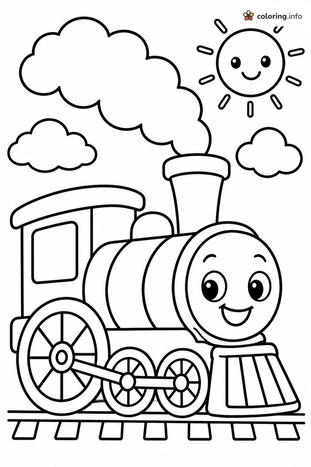 Round-Faced Steam Engine Under a Smiling Sun, Trains Page coloring page Round-Faced Steam Engine Under a Smiling Sun, Trains Page coloring page