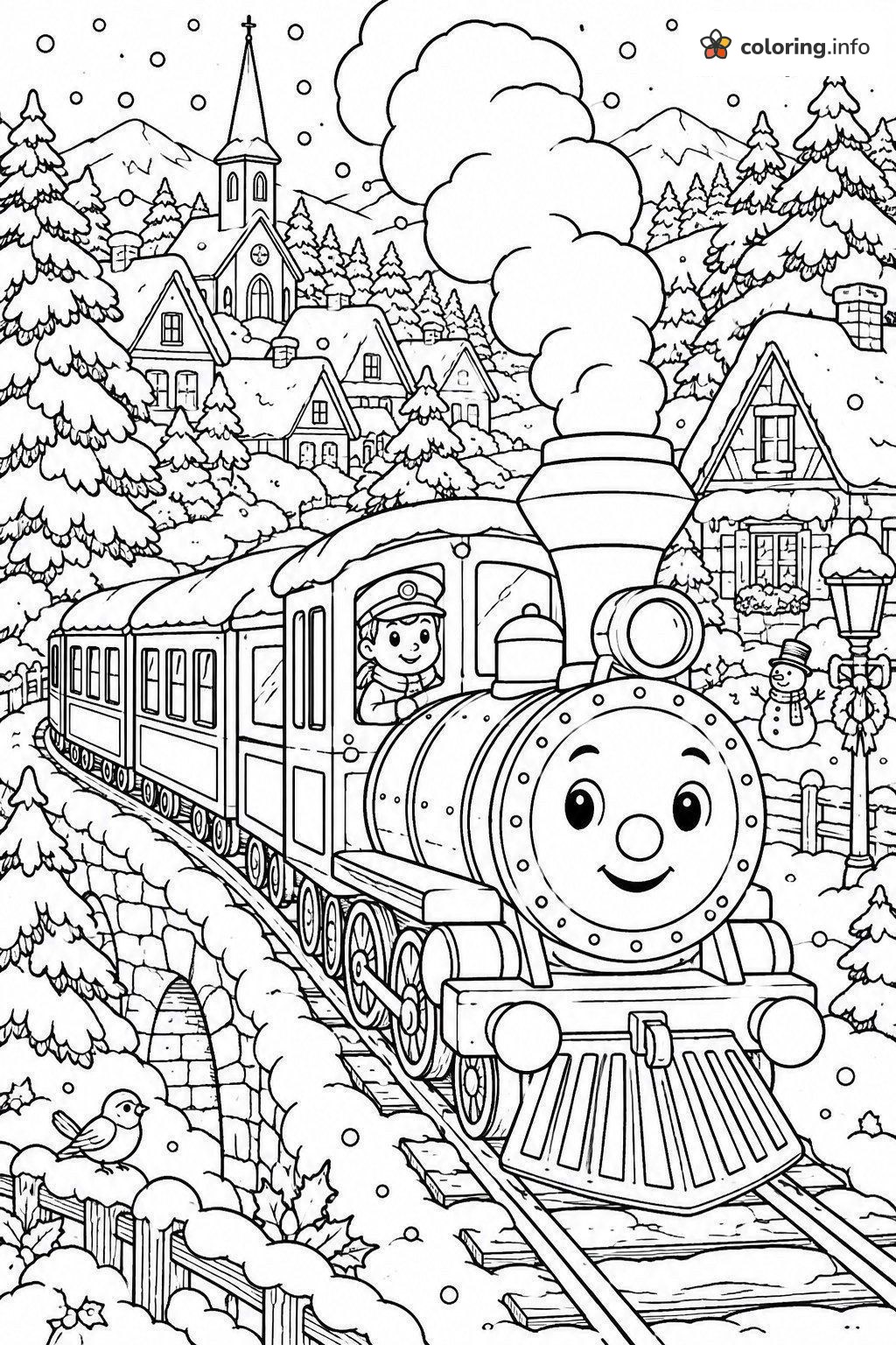 Christmas Village Train in the Snow coloring page Christmas Village Train in the Snow coloring page