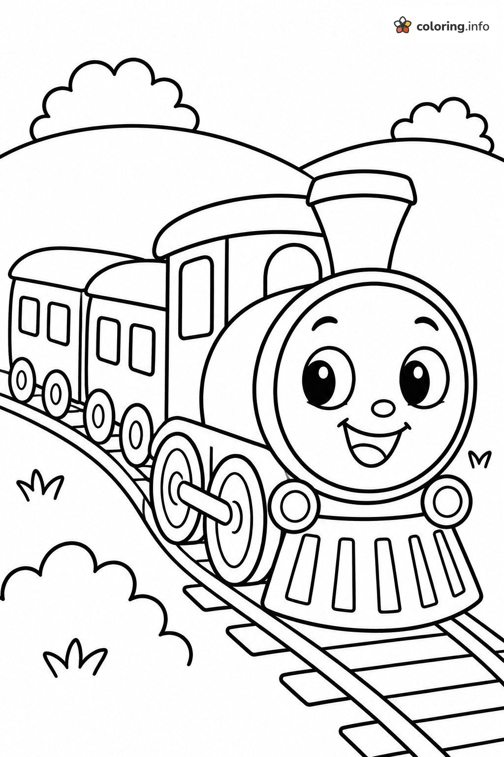 Chugging Along a Curved Track, Big-Eyed Steam Train coloring page Chugging Along a Curved Track, Big-Eyed Steam Train coloring page