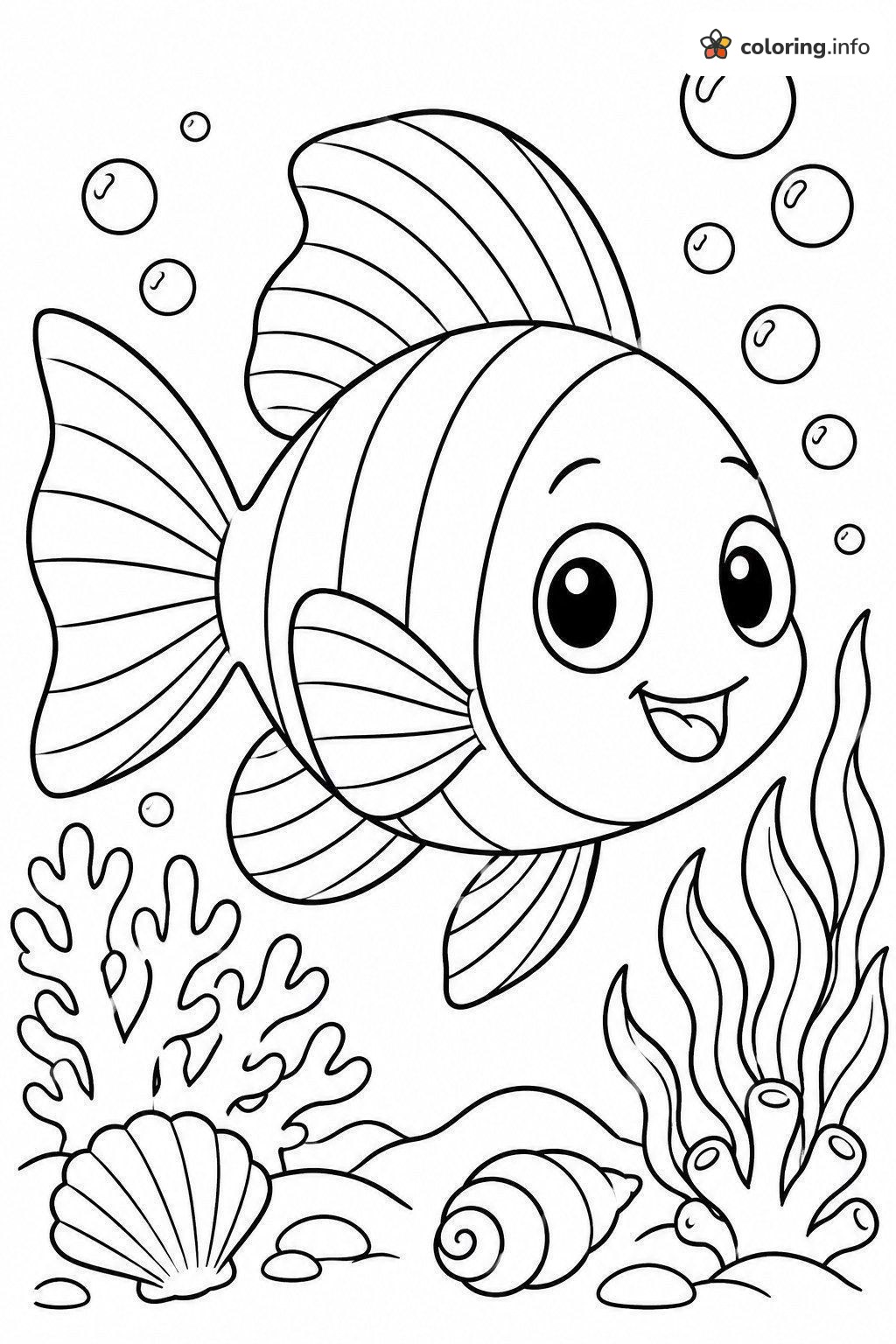 Striped Hawaiian Fish Swimming Past Coral and Shells coloring page Striped Hawaiian Fish Swimming Past Coral and Shells coloring page
