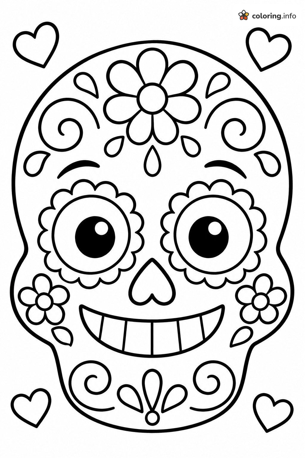 Grinning Sugar Skull with Daisy Forehead and Hearts printable coloring page Grinning Sugar Skull with Daisy Forehead and Hearts printable coloring page
