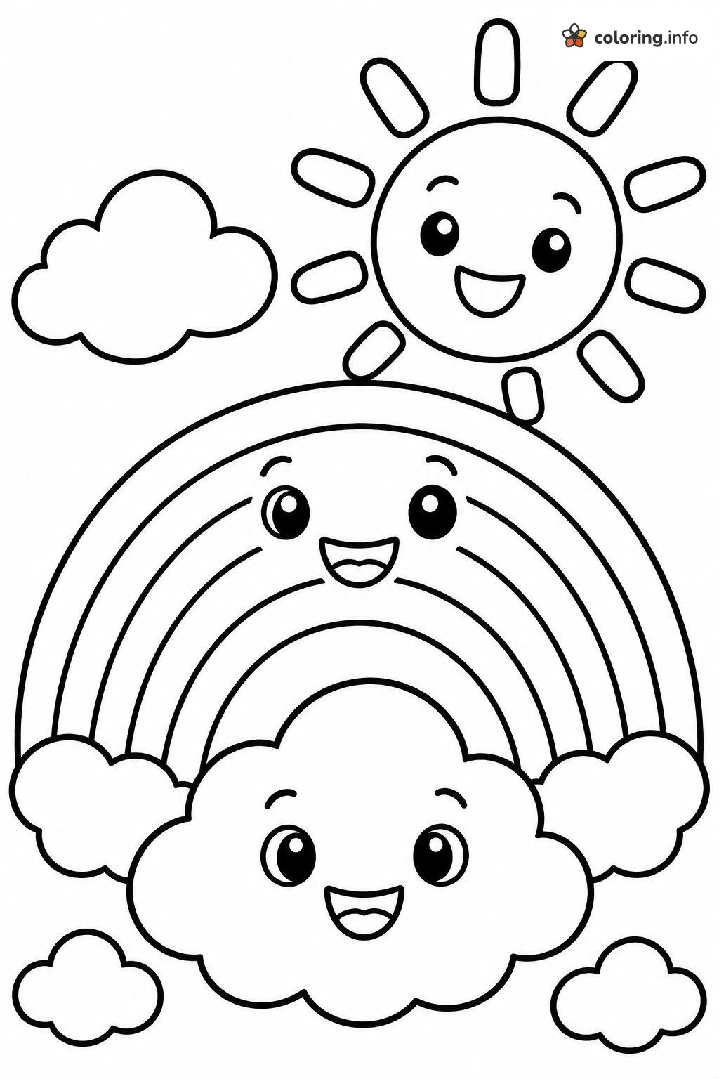 Rainbow, Sun and Clouds with Smiling Emoji Faces coloring page Rainbow, Sun and Clouds with Smiling Emoji Faces coloring page