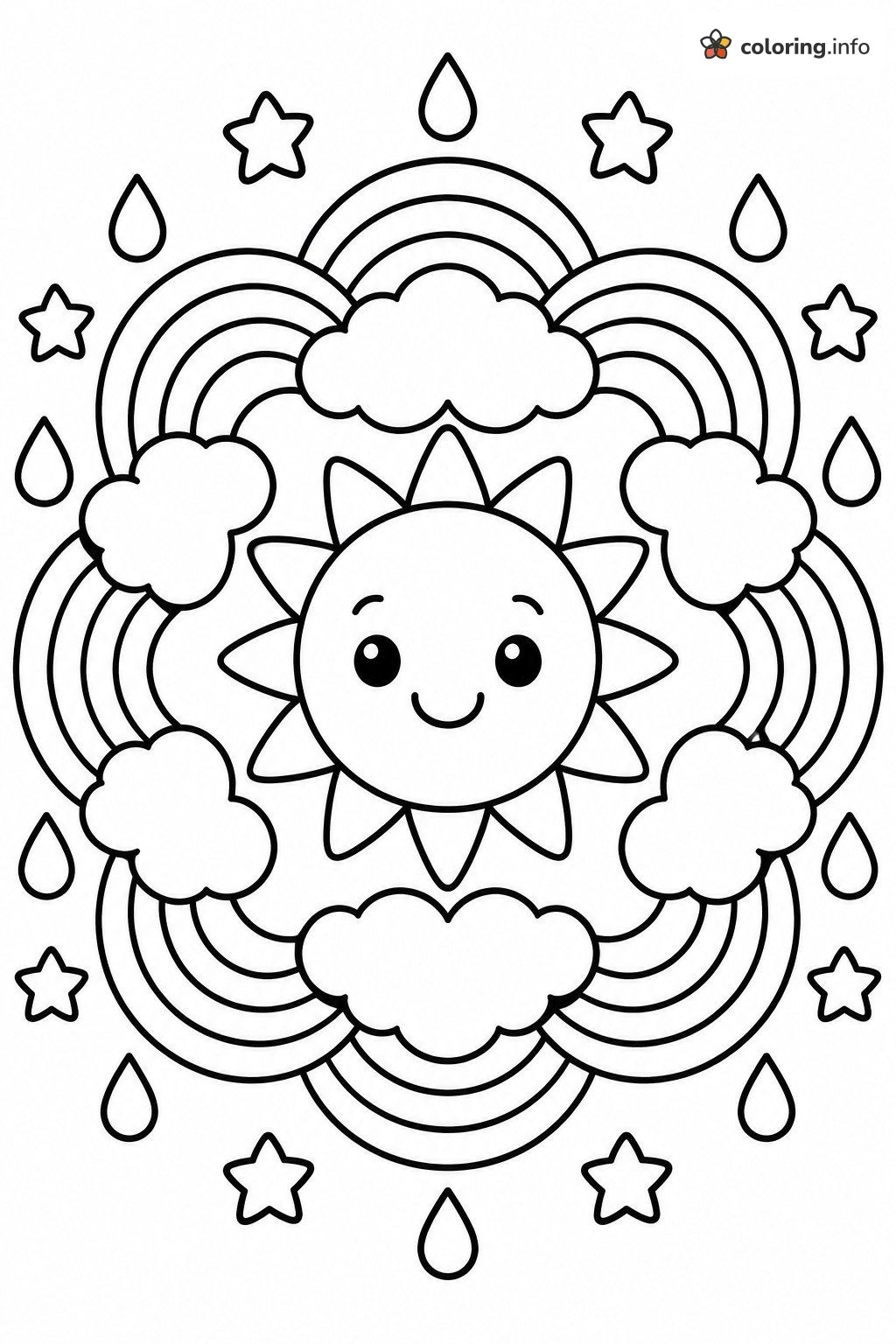Sunshine and Rainbow Mandala with Clouds and Raindrops coloring page Sunshine and Rainbow Mandala with Clouds and Raindrops coloring page