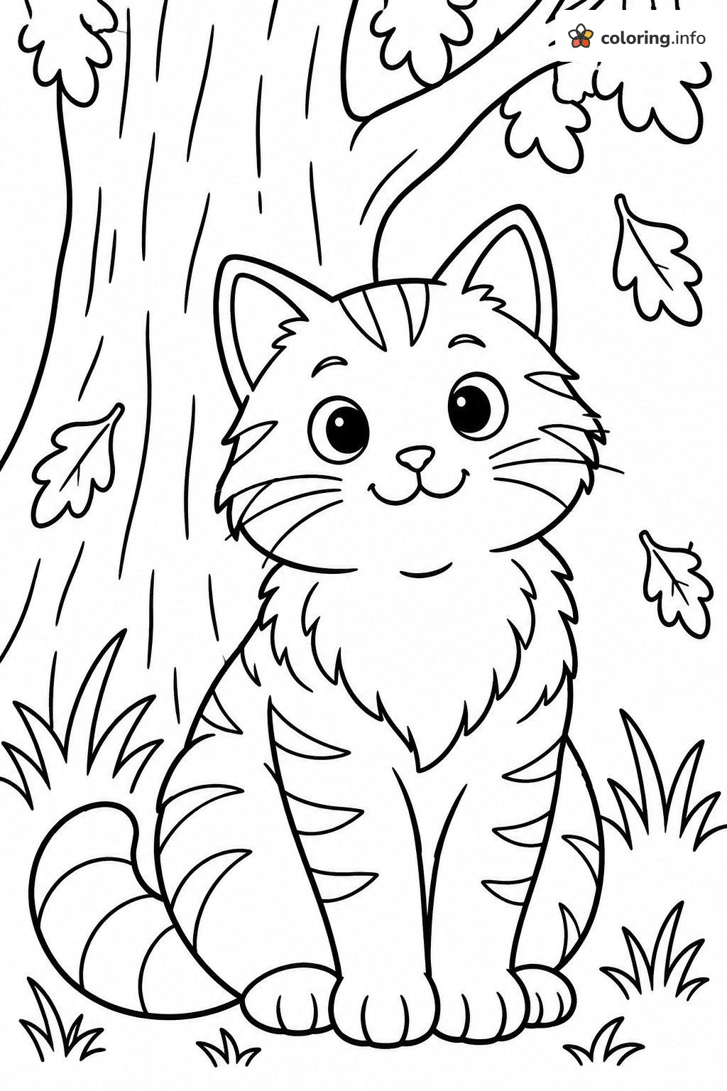 Tabby Warrior Cat Smiling Under an Autumn Tree coloring page Tabby Warrior Cat Smiling Under an Autumn Tree coloring page