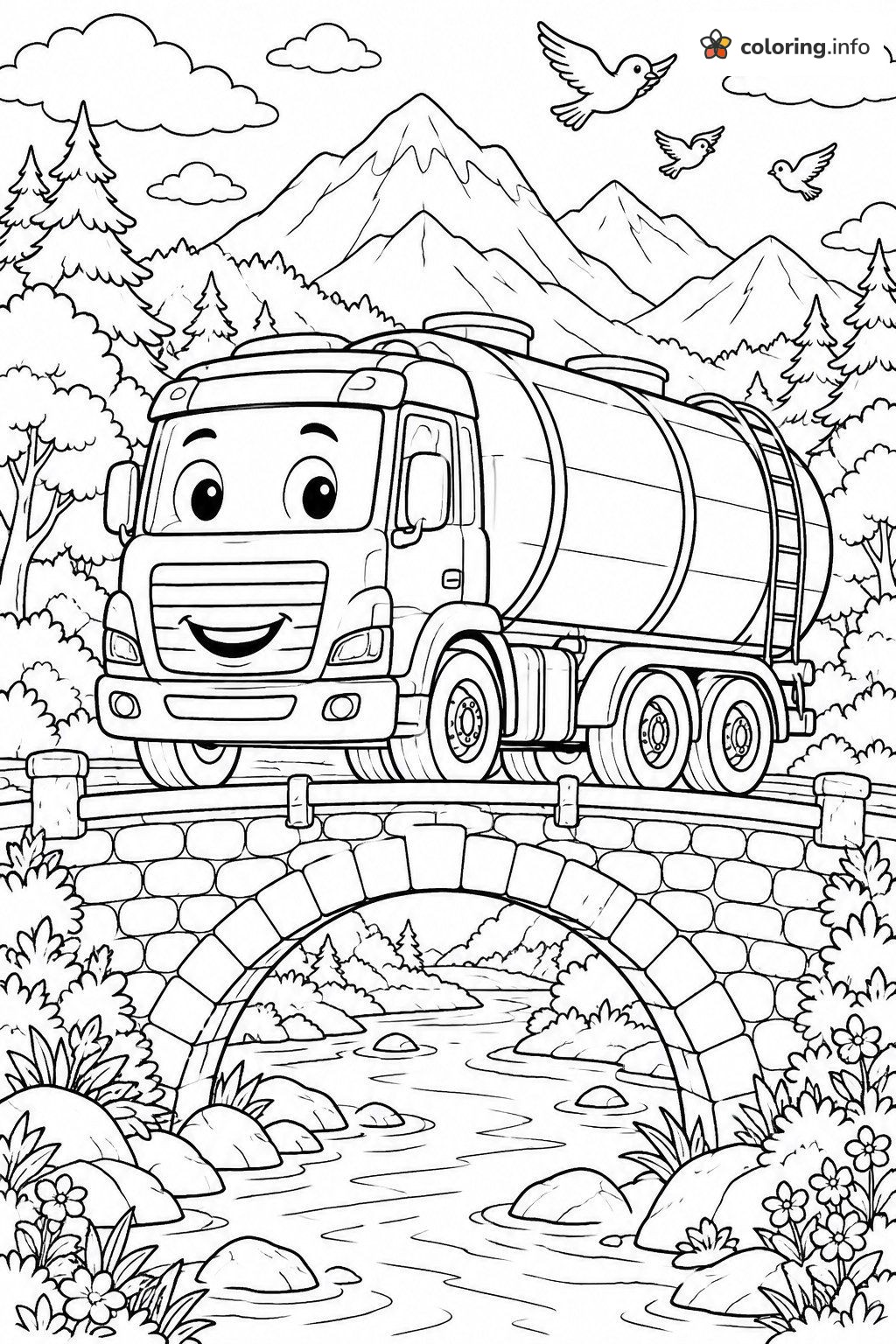 Tanker Truck Crossing an Old Stone Bridge Near the Mountains coloring page Tanker Truck Crossing an Old Stone Bridge Near the Mountains coloring page