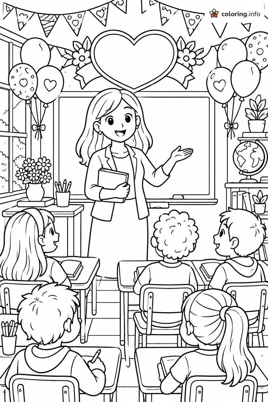 Classroom Celebration With Balloons for Teacher Appreciation Day coloring page Classroom Celebration With Balloons for Teacher Appreciation Day coloring page