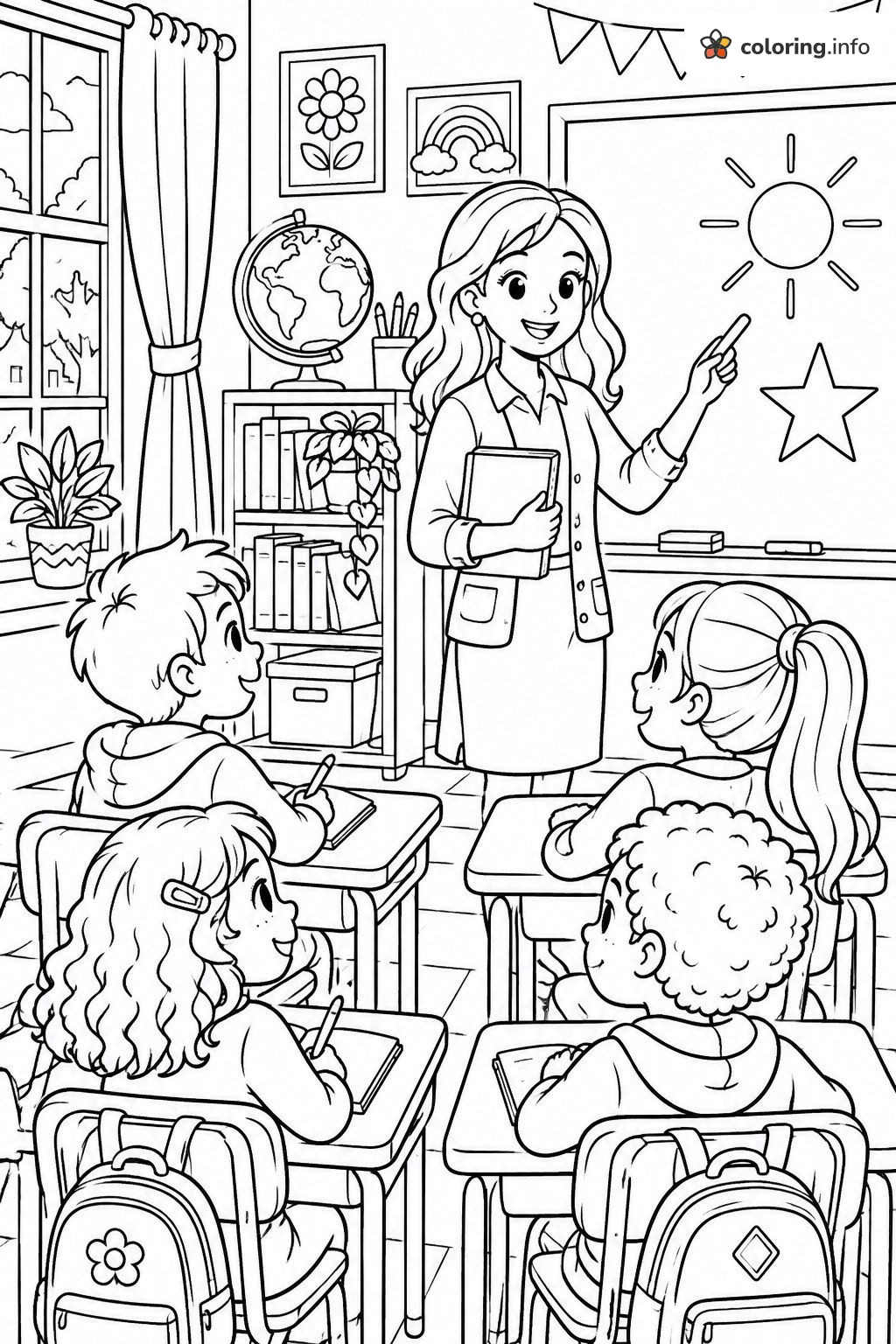 Teacher and Four Students in a Back to School Classroom coloring page Teacher and Four Students in a Back to School Classroom coloring page