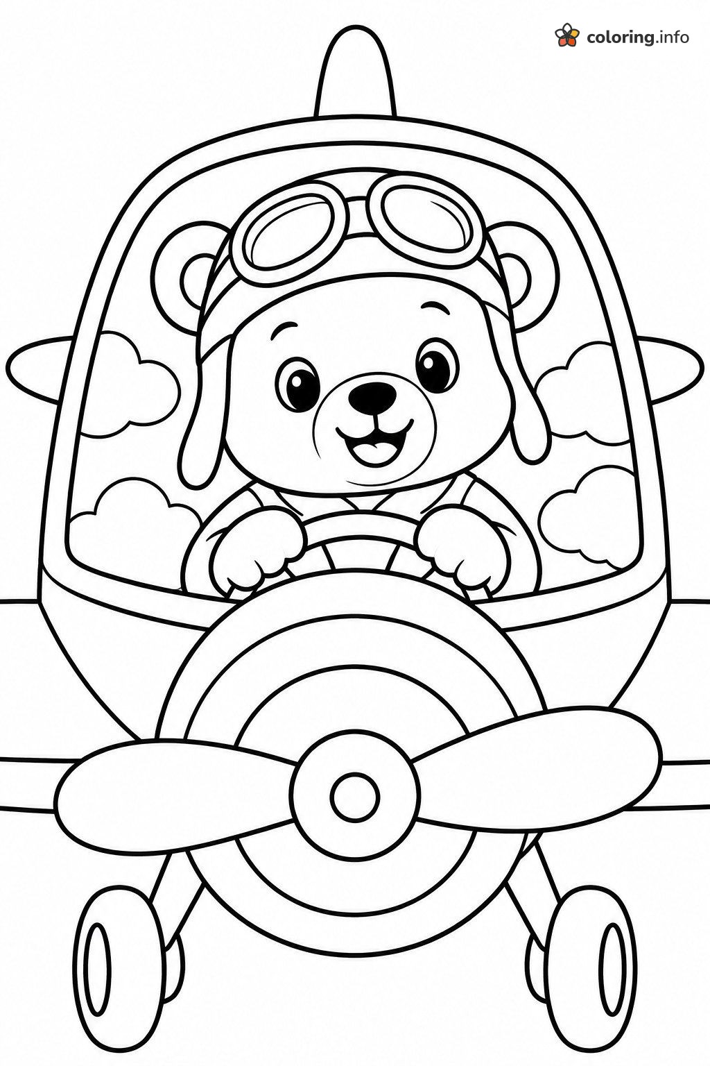 Teddy Bear Pilot at the Controls of a Propeller Airplane coloring page Teddy Bear Pilot at the Controls of a Propeller Airplane coloring page