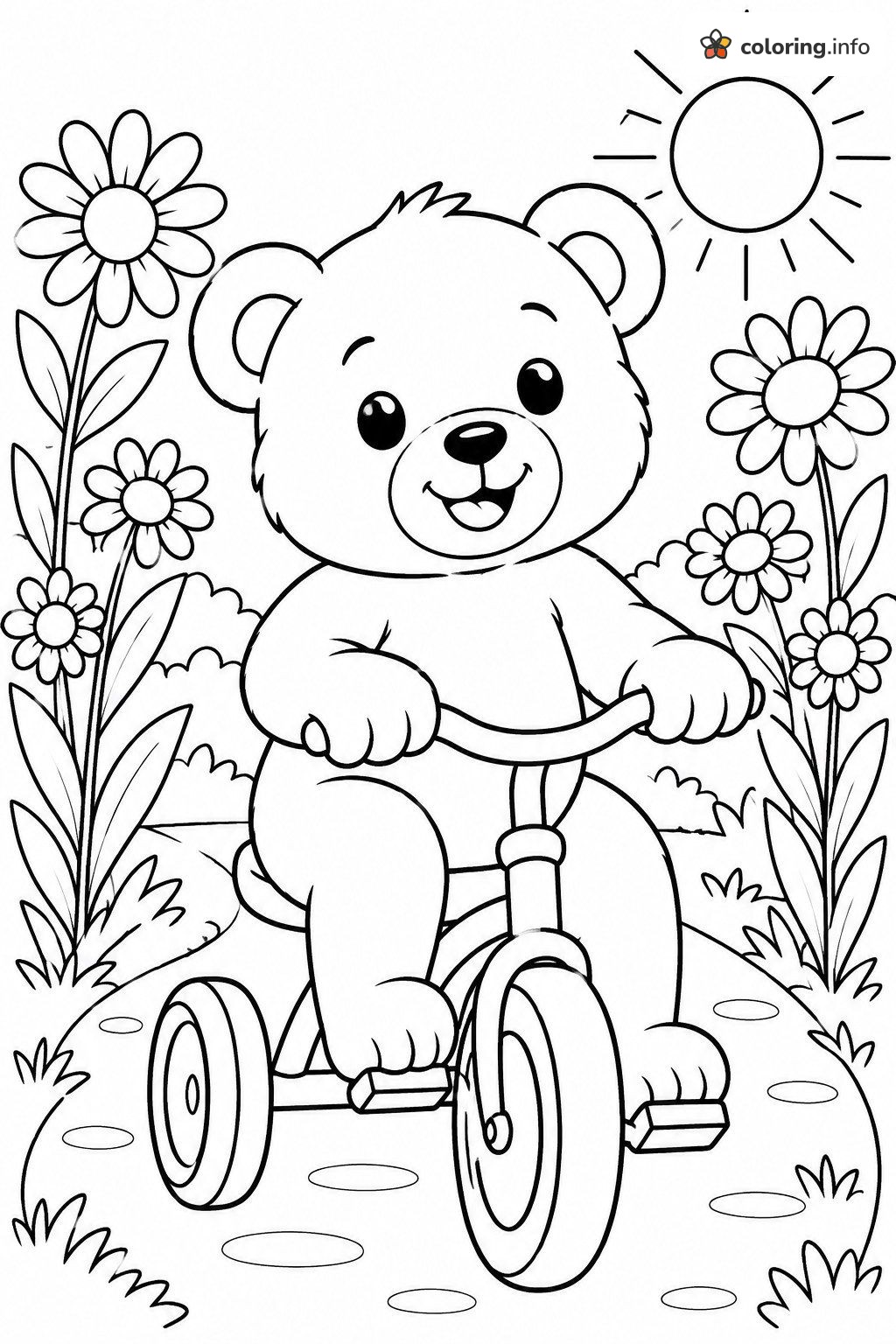 Tricycle-Riding Teddy Bear Among Daisies coloring page Tricycle-Riding Teddy Bear Among Daisies coloring page