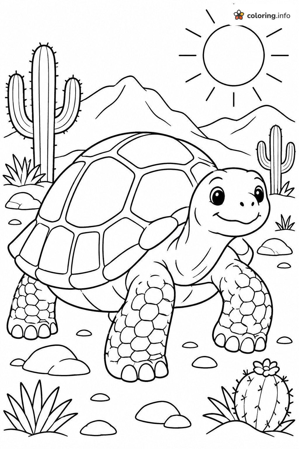 Sunny Desert Turtle Walking Past Cactus coloring page Sunny Desert Turtle Walking Past Cactus coloring page