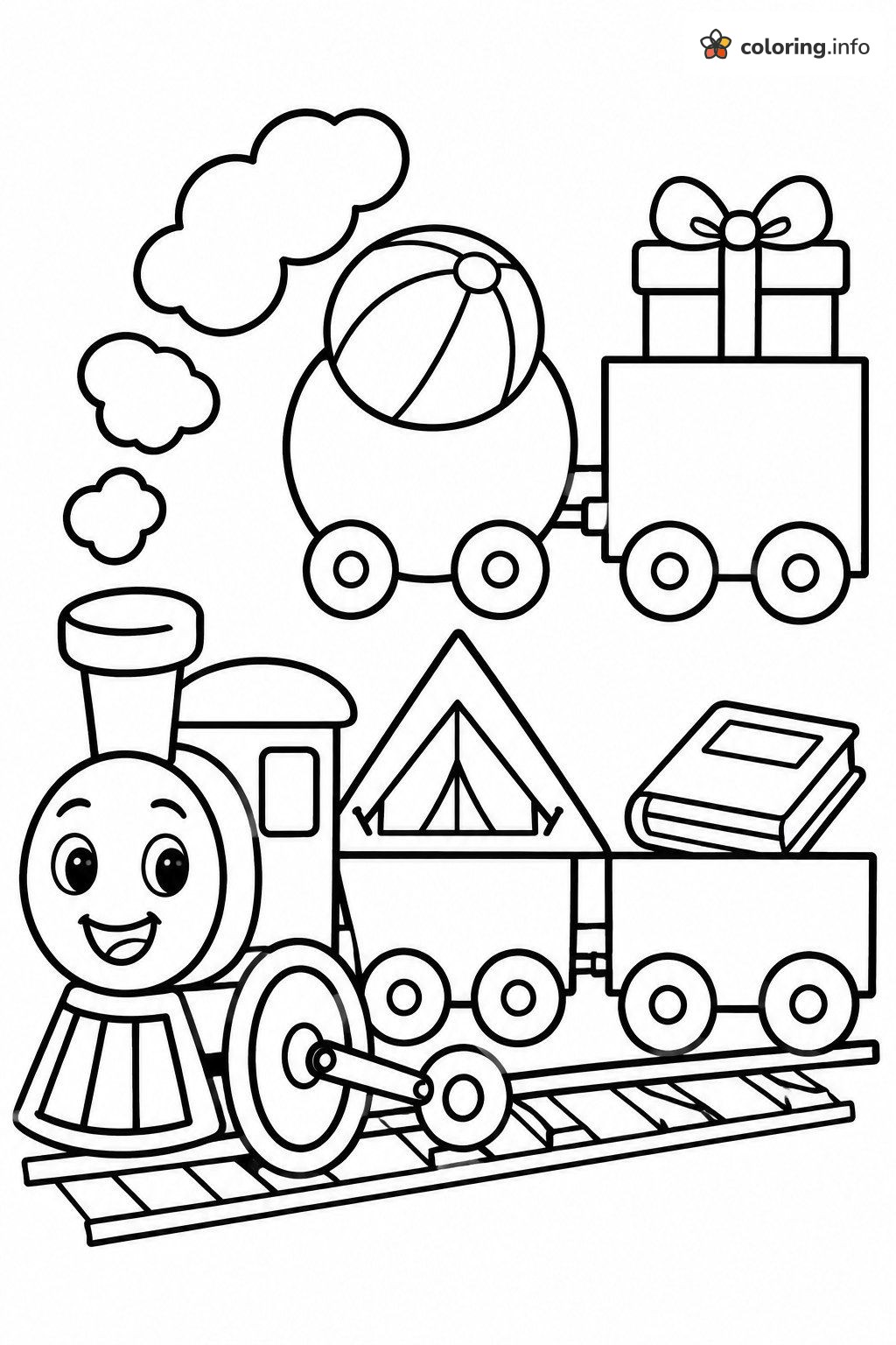 Toy Train Activity Sheets with Beach Ball, Gift, Tent and Book coloring sheet Toy Train Activity Sheets with Beach Ball, Gift, Tent and Book coloring sheet
