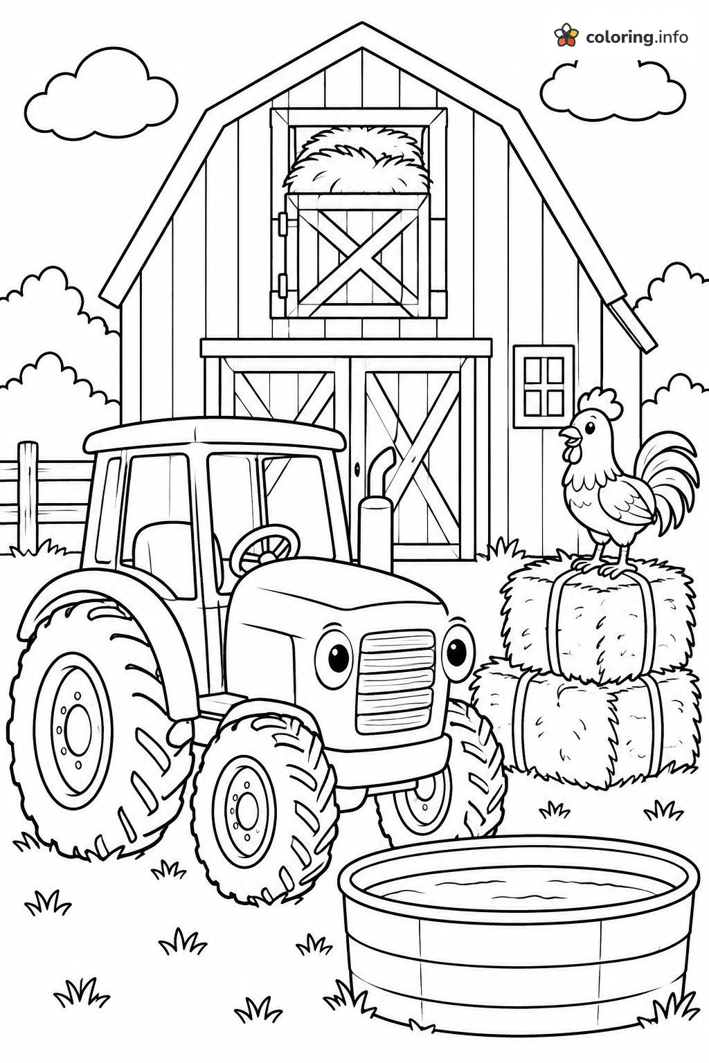 Barnyard Scene With a Tractor and Rooster coloring page Barnyard Scene With a Tractor and Rooster coloring page
